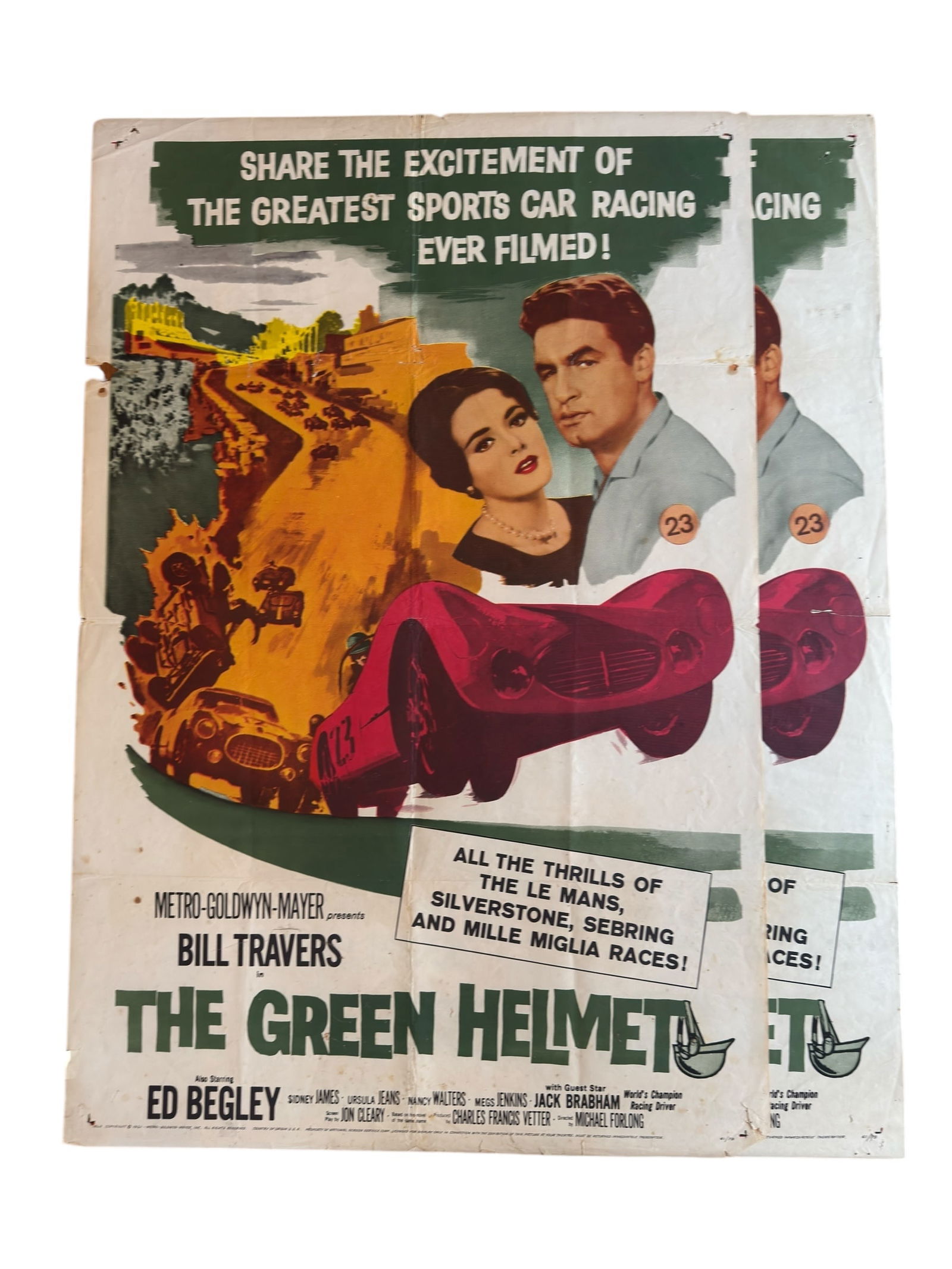 Pair of 1961 The Green Helmet Original One Sheet Movie Poster Bill Travers Motorsport Vintage Car (1 of 13)
