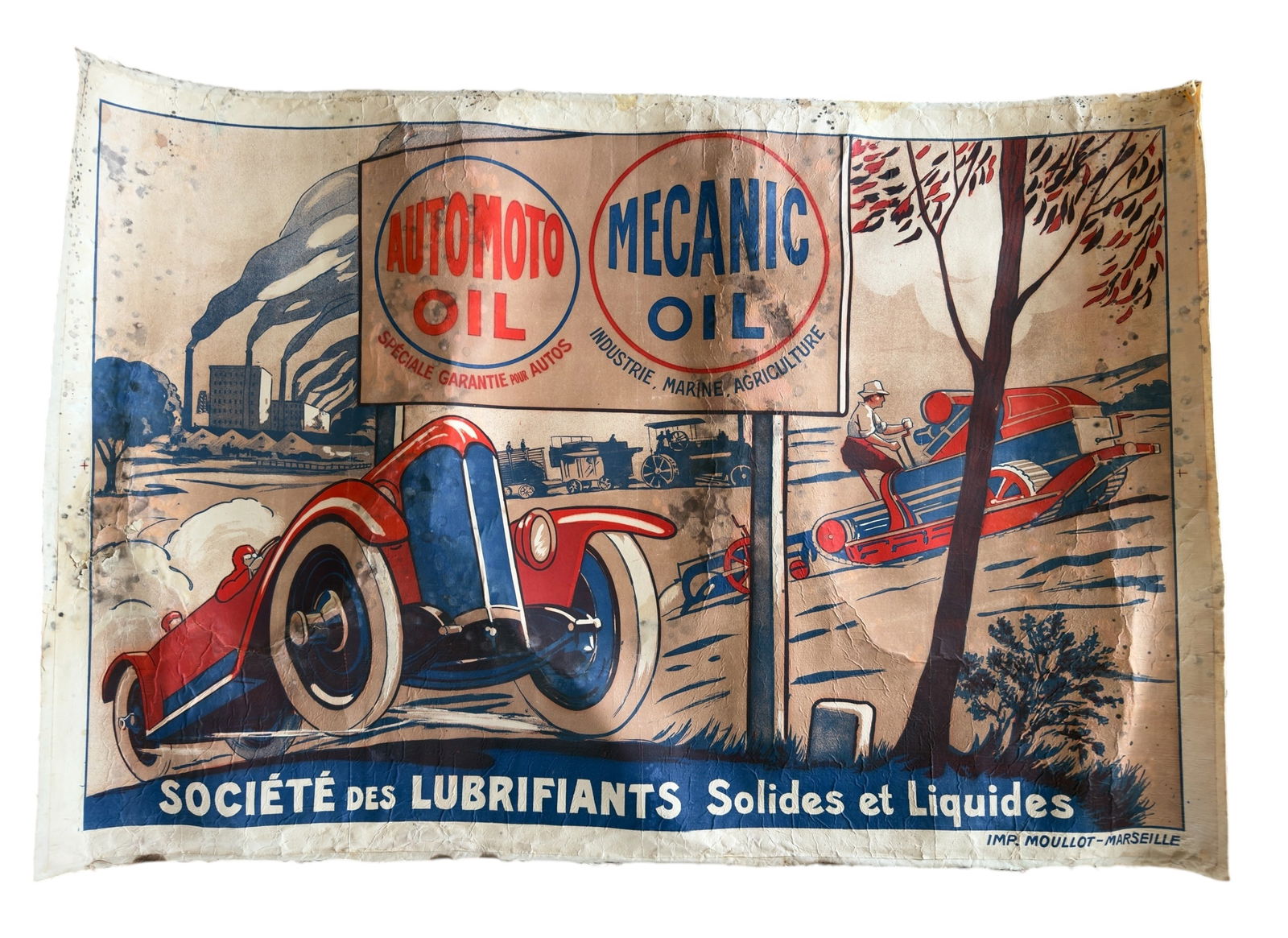 c.1930 Automoto Mecanic Oil Advertising Poster on Linen France Moullot - Marseille: From a notable upstate NY collection. c.1930 French original advertising poster for Automoto / Mechanic Oil for the Societe des Lubrifiants Solides et Liquides. Imp Moullot - Marseilles. Mounted on li