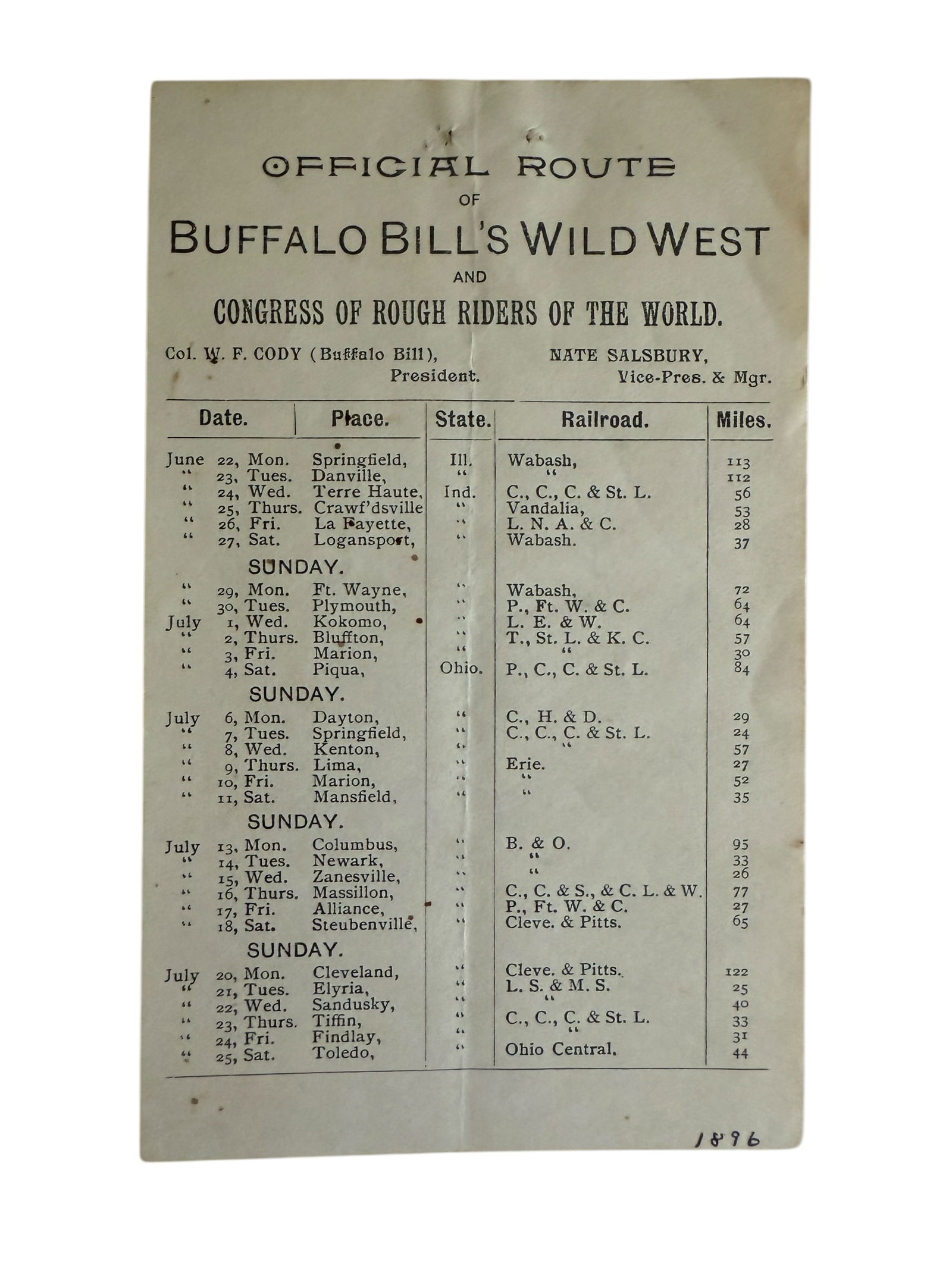 Original 1896 Buffalo Bill's Wild West Show Official Route Card (1 of 5)