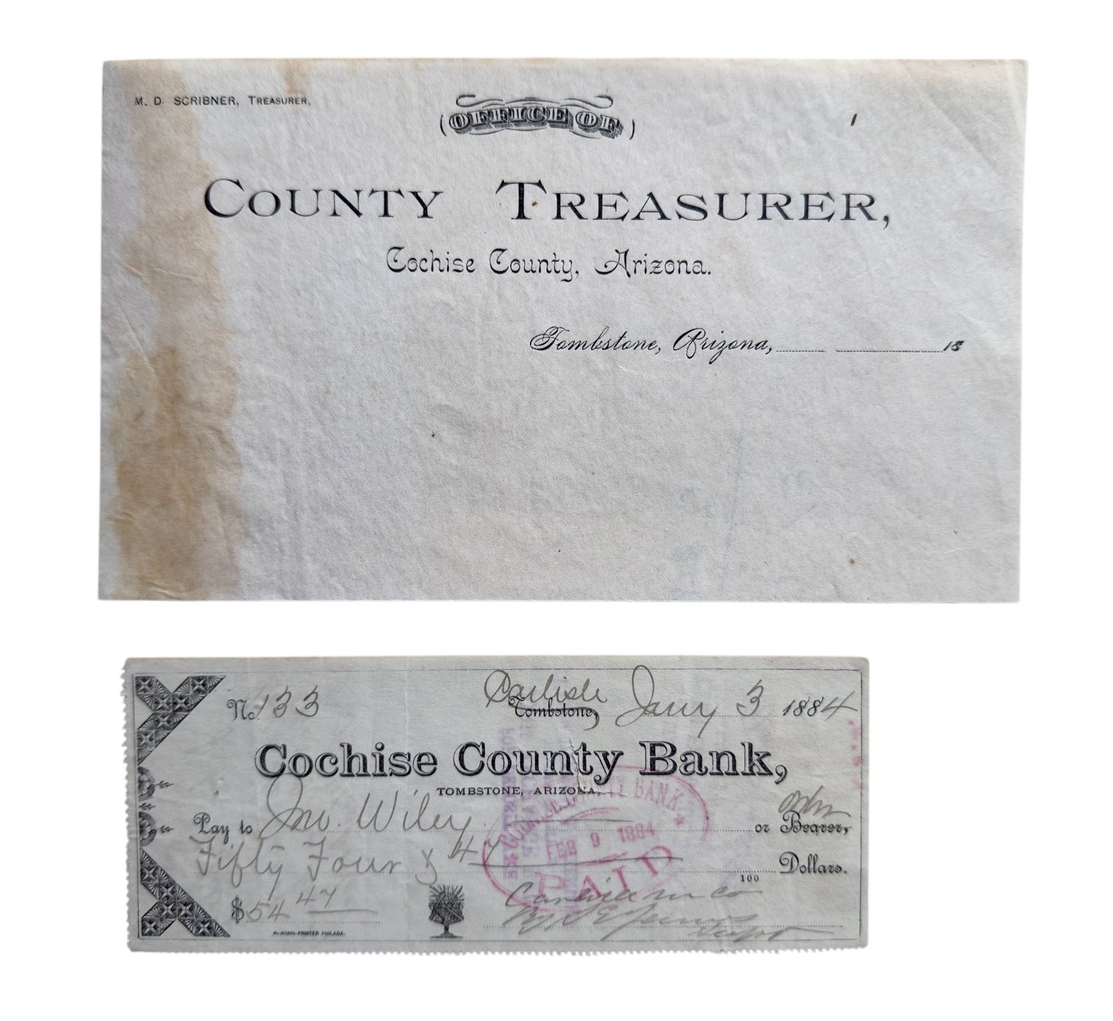Two Pieces Original 1880s Letterhead & Bank Check, Cochise County Tombstone Arizona: From a notable upstate NY collection. Two pieces of 1880s paper from Cochise County (Tombstone, AZ.) One is a piece of blank letterhead from the Office of the Cochise County Treasurer, M.D. Scribner. 