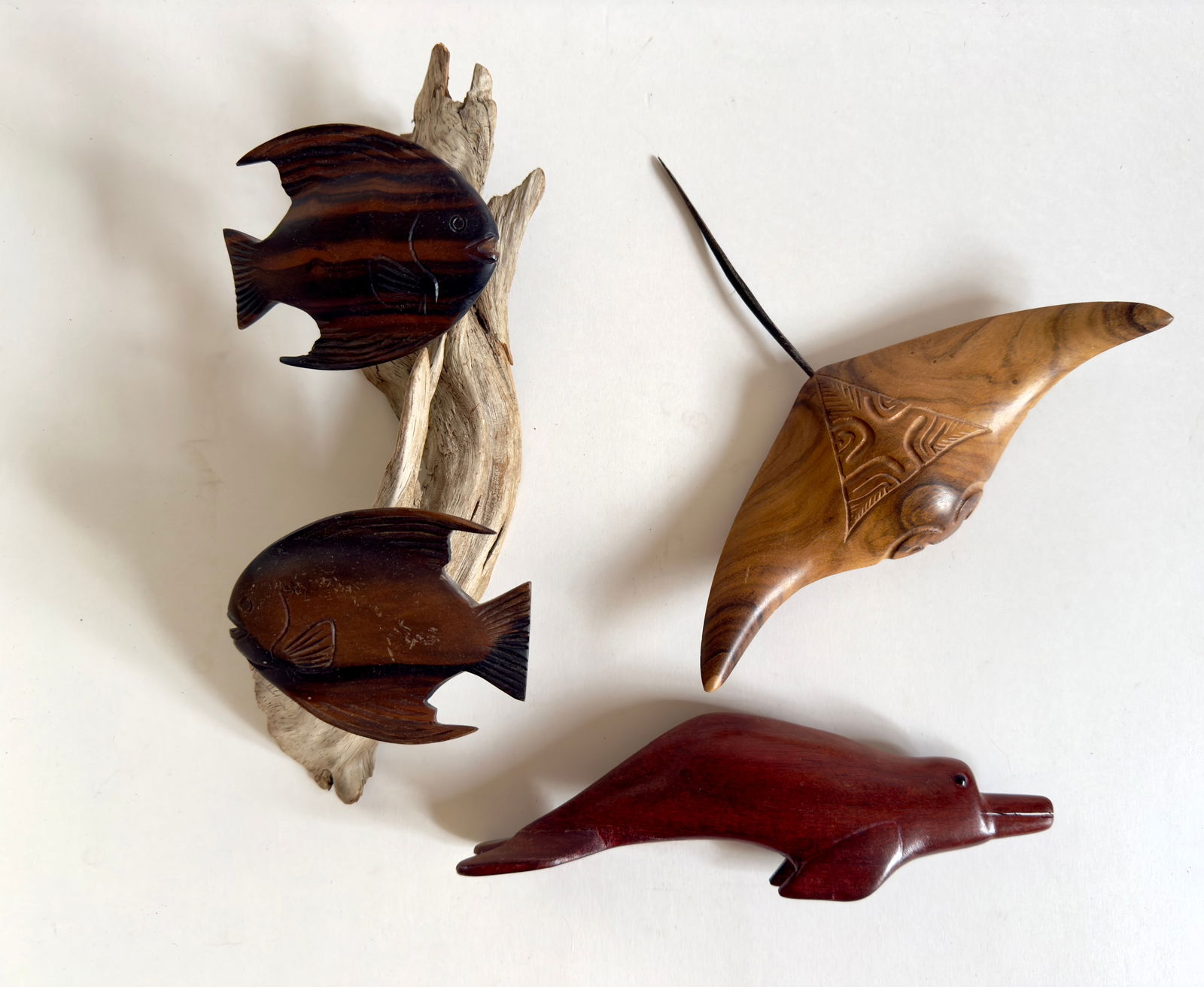 Group of Exotic Wood Carvings Pacific Islands Signed Rosewood Fish Dolphin Manta Ray (1 of 14)