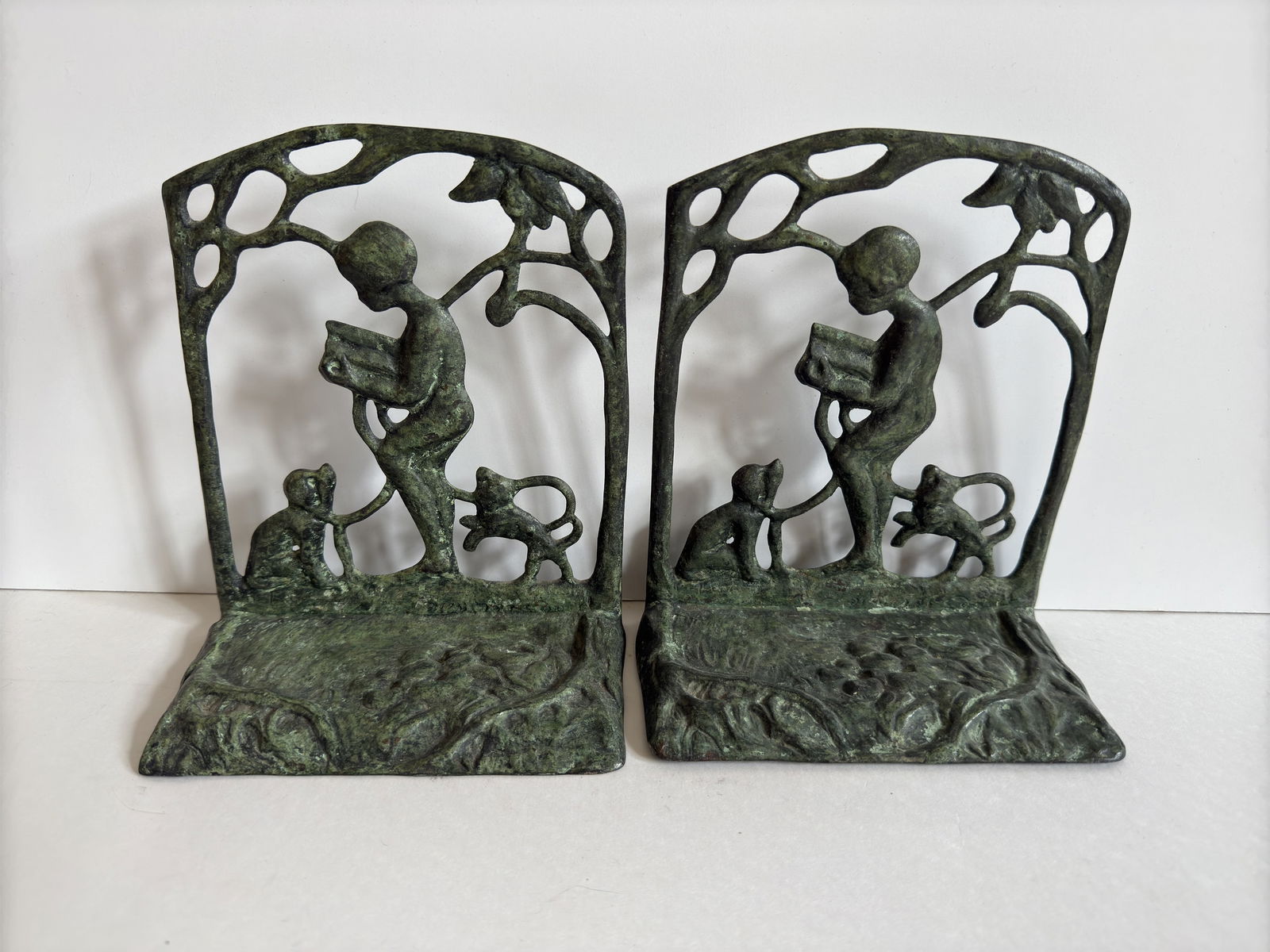 Signed Pair Art Nouveau Artisan Sculpted Bronze Bookends, Child in Garden (1 of 8)