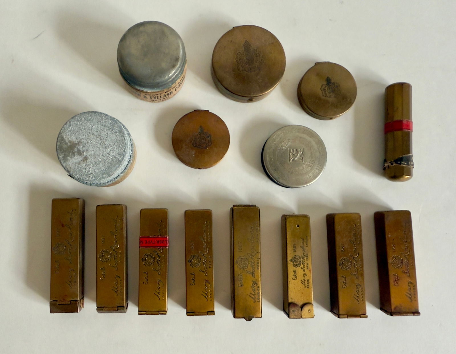 Group of Fifteen Victorian - Early 20thC Mary Scott Rowland Cosmetics Antique Rare: From a Scranton, PA estate. Group of fifteen pieces of early 1900s Mary Scott Rowland cosmetic products. Mary Scott Rowland was in many ways a founder of the modern cosmetics industry. She was also th