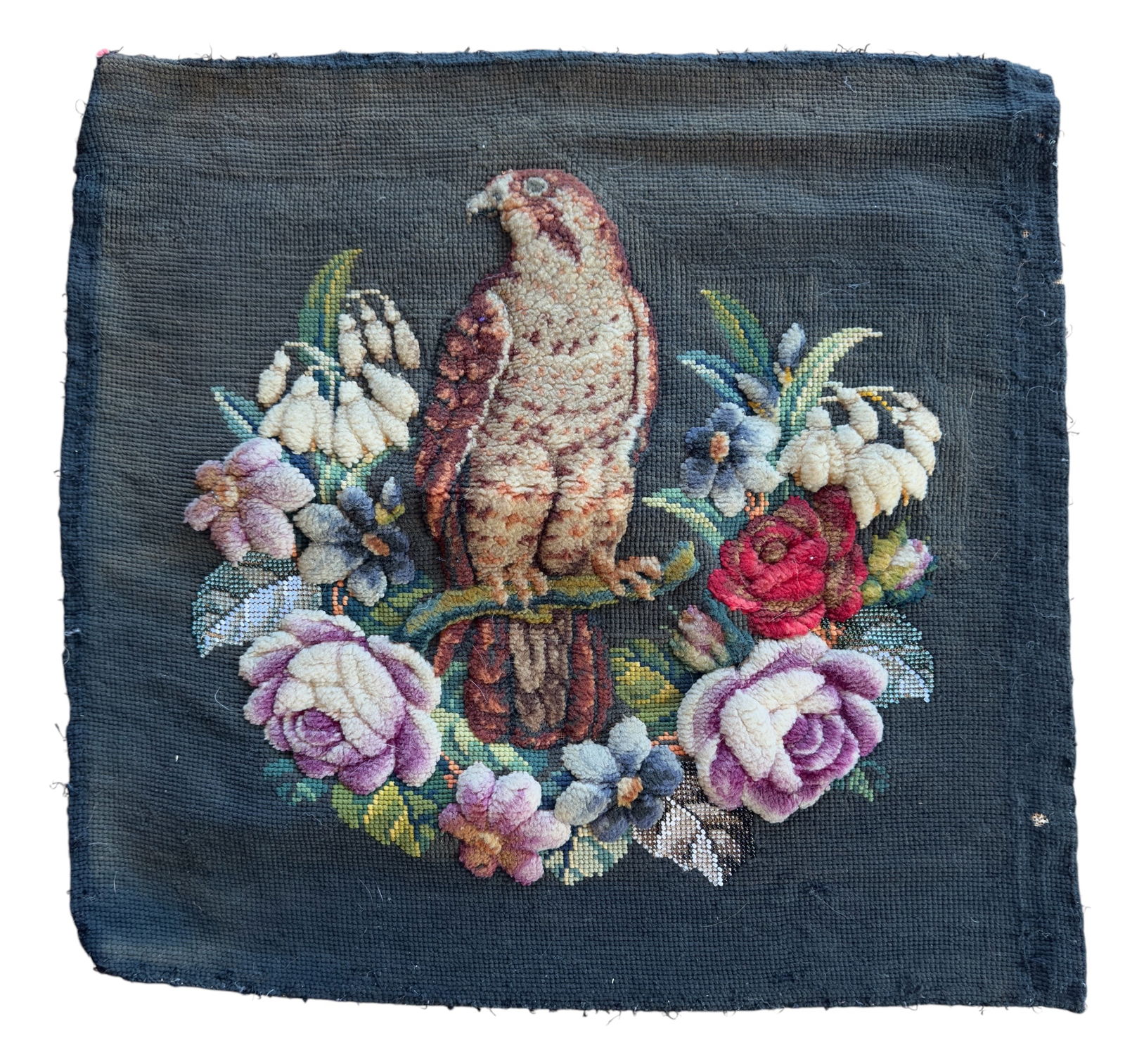 19thC Antique Canvaswork Needlework Embroidery Beaded Hawk Bird of Prey Wreath (1 of 10)