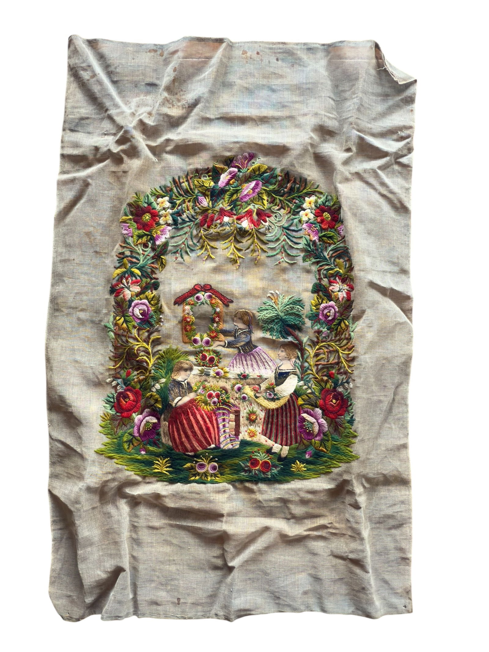 Early 19thC Antique Canvaswork Needlework Embroidery in Wool and Silk, Enchanted Garden (1 of 16)