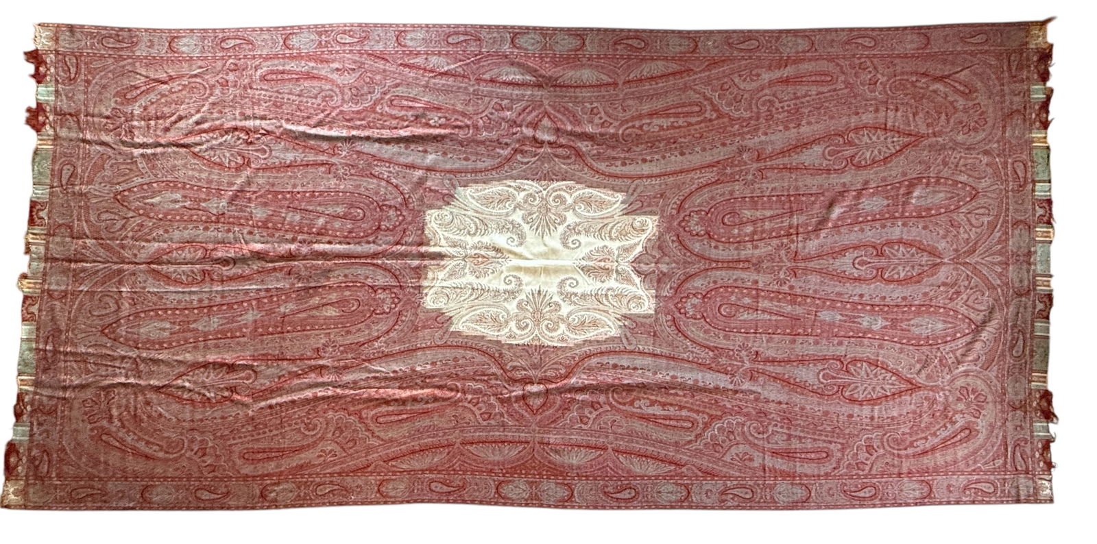 Antique 19thC Kashmir Paisley Shawl Ivory Center Medallion Long (1 of 18)