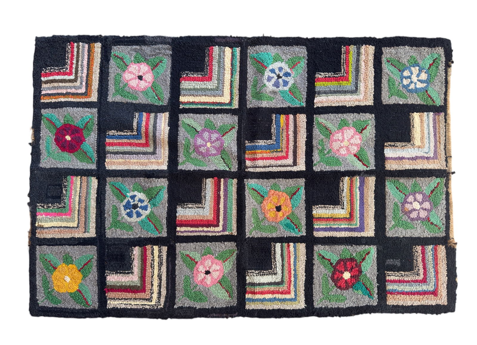 Lovely Antique Folk Art Hooked Rug Flowers Chevron Stripe (1 of 9)