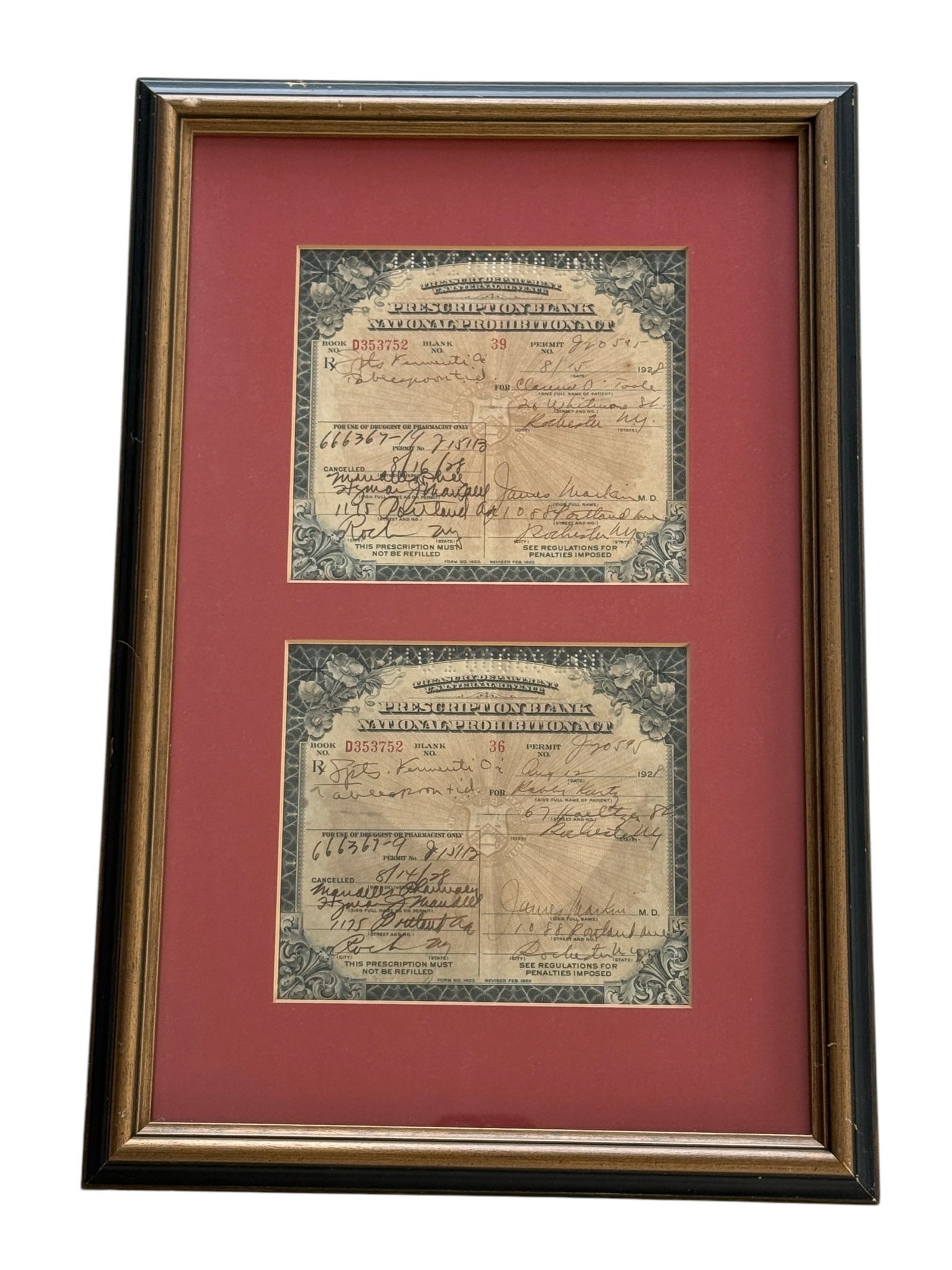 Framed Pair of Prohibition Era Perscriptions for Alcohol Medicinal Liquor + Two Unframed: From a Rochester, NY estate and former historic pharmacy building and business, The Northside Apothecary. Framed pair of Prohibition Era medical prescriptions for alcohol and liquor. Also included are