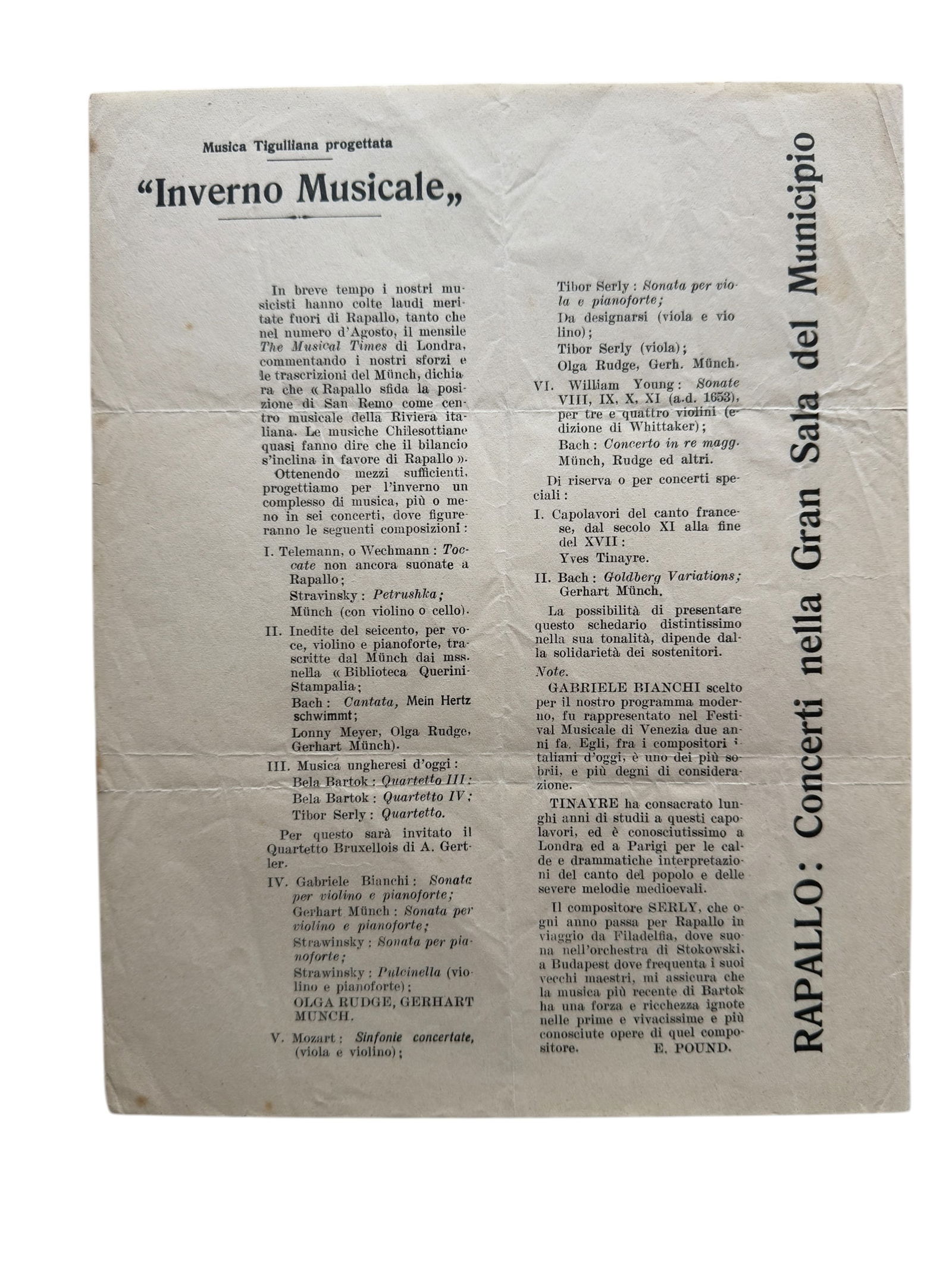 1930s Original Program for Inverno Musicale, Rapallo Ezra Pound (1 of 3)