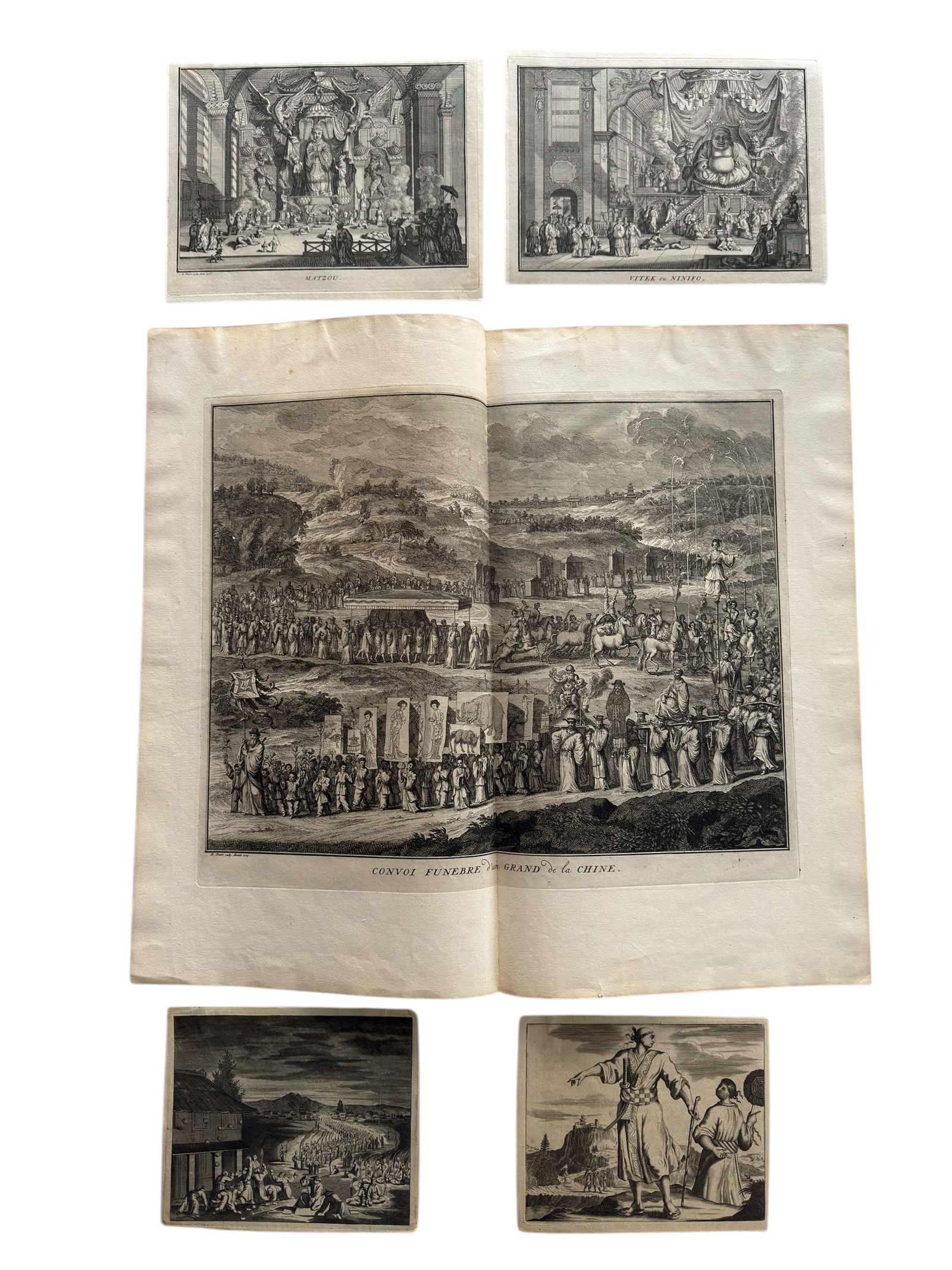Group of Engravings Picart, Montanus, Various Asian Subjects: From an Ithaca, NY estate collection. Engraving / illustration from a book, sculpt. Bernard Picart. Image titled "Convoi Funebre d'un Grand de la Chine." From the book "Ceremonies et costumes Religieu