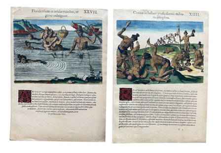 Pair Handcolored Engravings Theodor De Bry Grand Voyages 20thC: From.an Ithaca, NY estate collection. Pair of hand colored engravings from the prints of Theodor De Bry "Grand Voyages". These are on laid Arches Paper, from a reproduction series in the early - mid 2