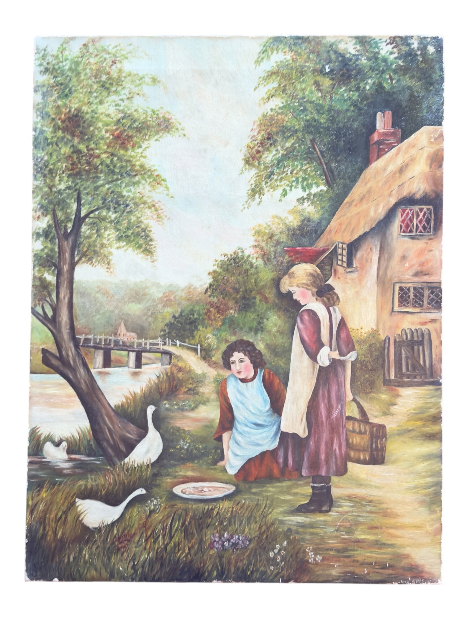 19thC Primitive Folk Art Painting on Canvas, Young Girls with Geese (1 of 7)