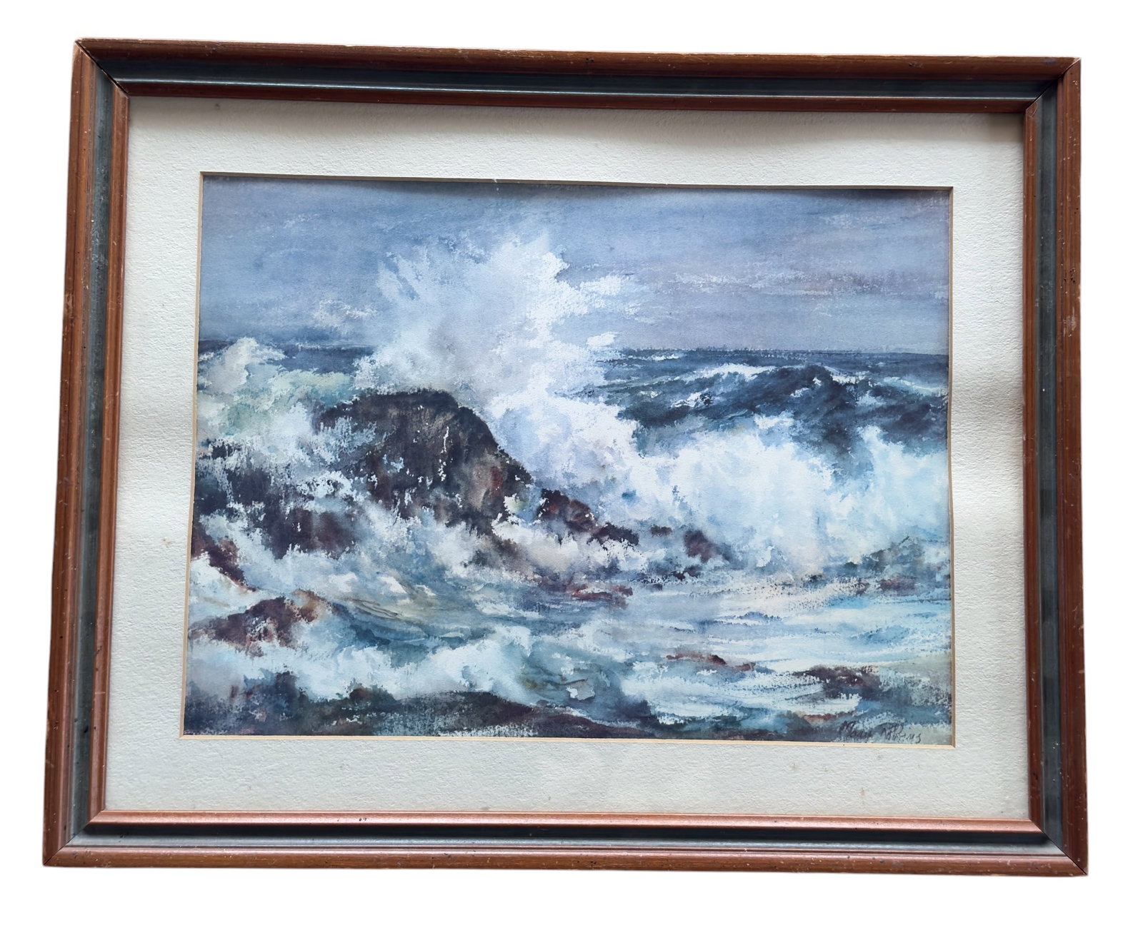 Seascape Painting Watercolor on Paper by Mary Robbins: From an Ithaca, NY estate collection. Watercolor painting from a seaside perspective by Mary Robbins (American,1919 – 2008.) Wooden frame. Image measures approx 15.5" x 11.5". Framed measures approx