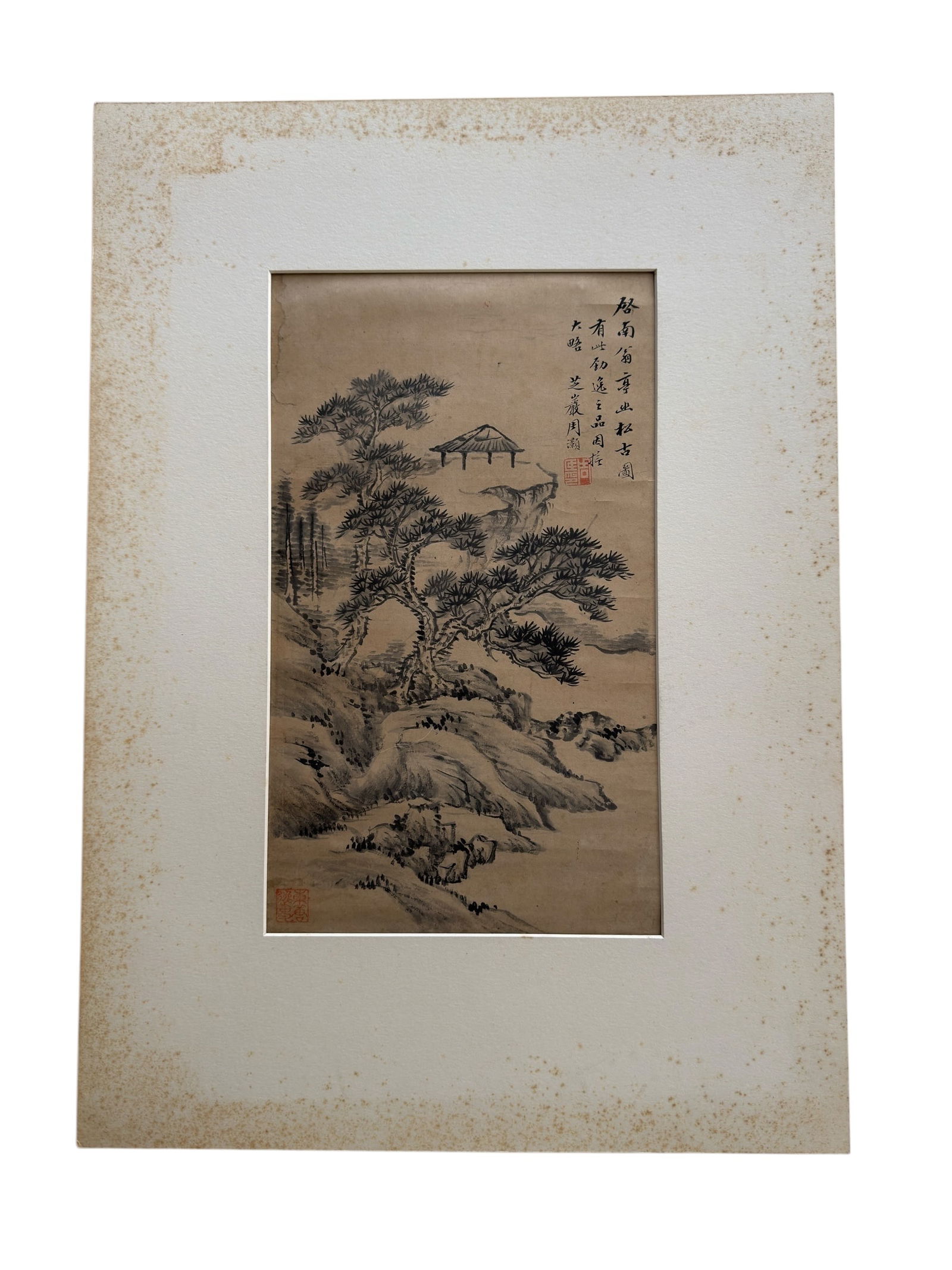 Chinese Brush Painting Catalogued Chou Hao: From an Ithaca, NY estate, originally inherited from Chinese parentage. Catalogued on bottom of folio in pencil, Chou Hao. Painting is mounted on silk and then tape mounted into a matted folio. Forest