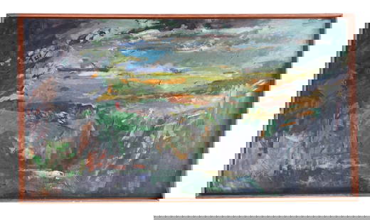 Modernist Abstract Landscape Oil on Canvas by H. Peter Kahn: From an Ithaca, NY estate collection. Original signed and dated oil on canvas modernist abstract rural landscape painting by Finger Lakes Artist Hans Peter Kahn (American,1921 – 1997) Signed and dat