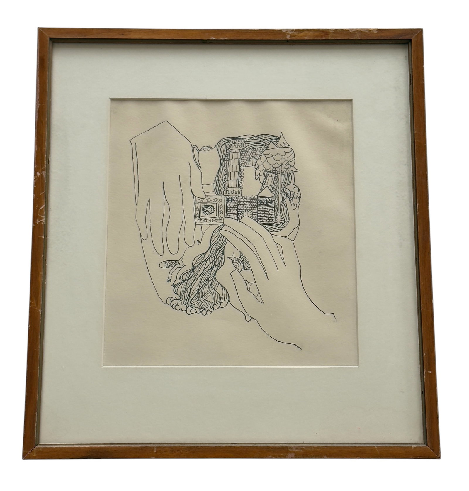 Original Pen Drawing Surrealist Scene Castle Nude Waterfall Attributed to Fritz Janschka: From the estate collection of Ted (Edward) Morris, of Ithaca, NY. Pen illustration on paper attributed by family records to Fritz Janschka (Austrian / American, 1919-2016), a founding member of the Vi