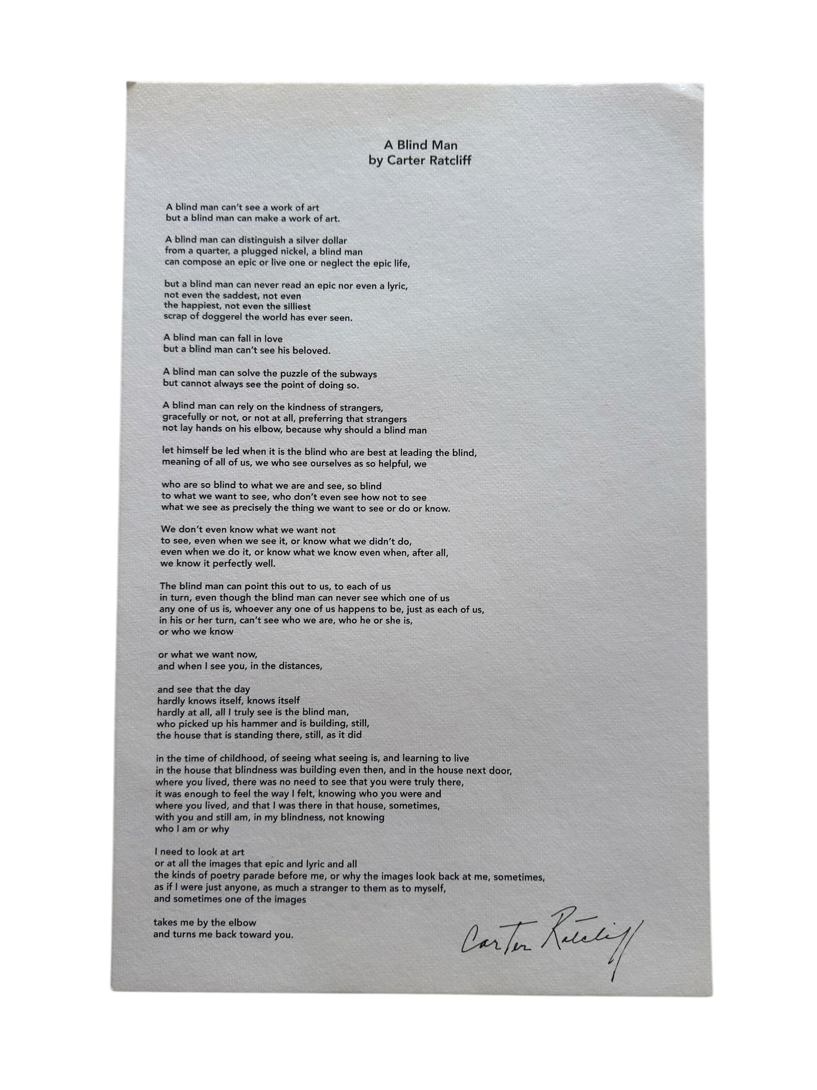 Signed Poem Broadside Print Carter Ratcliff, A Blind Man (1 of 3)