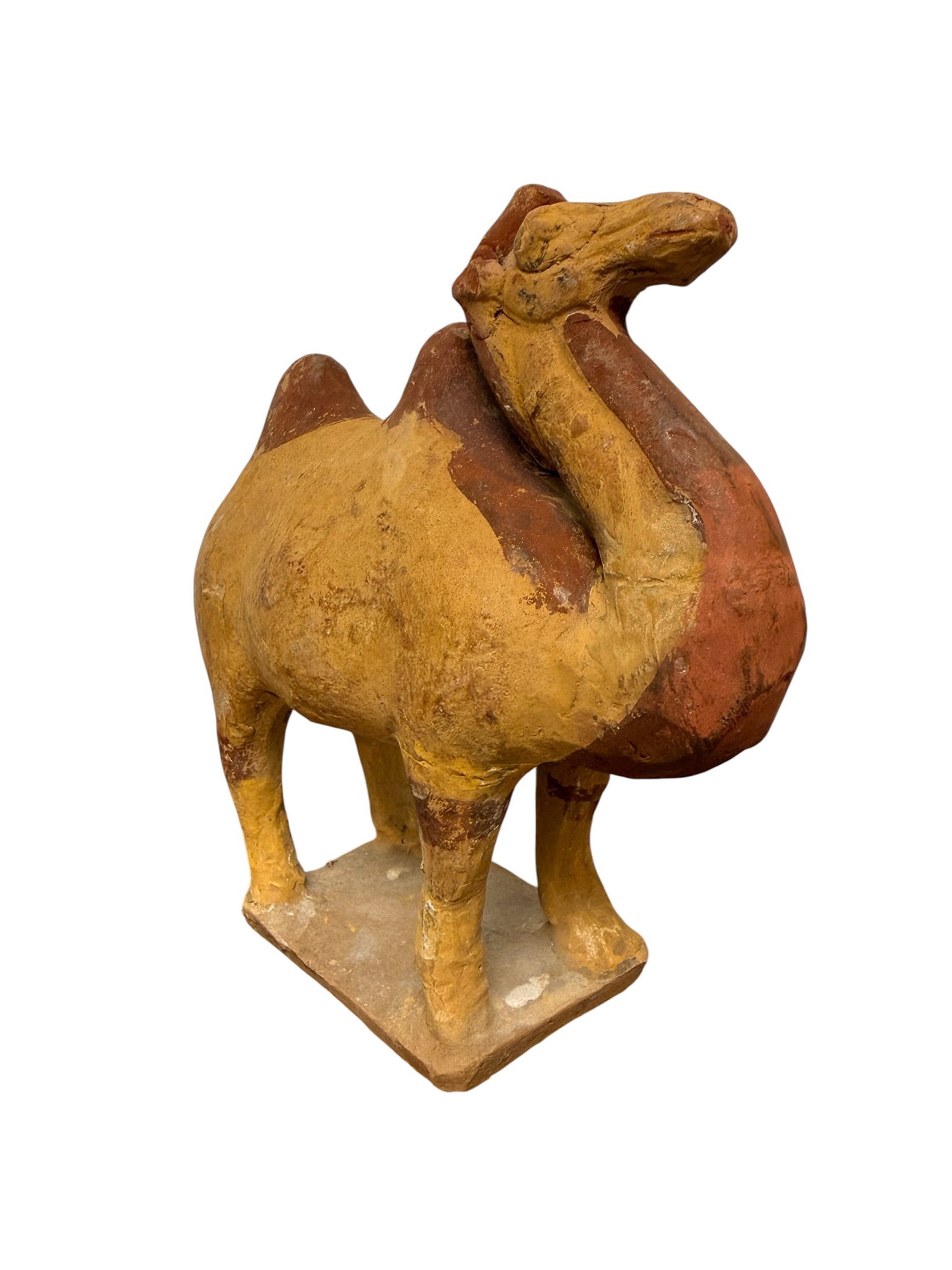 Antique Chinese Painted Clay Camel Tomb Figure Tang Dynasty: From an upstate, NY estate. Antique Camel Clay figure in the form of a Tang Dynasty Tomb Figure. Painted / hand formed. Purchased in Hong Kong, with original paperwork from Art Treasures Gallery.