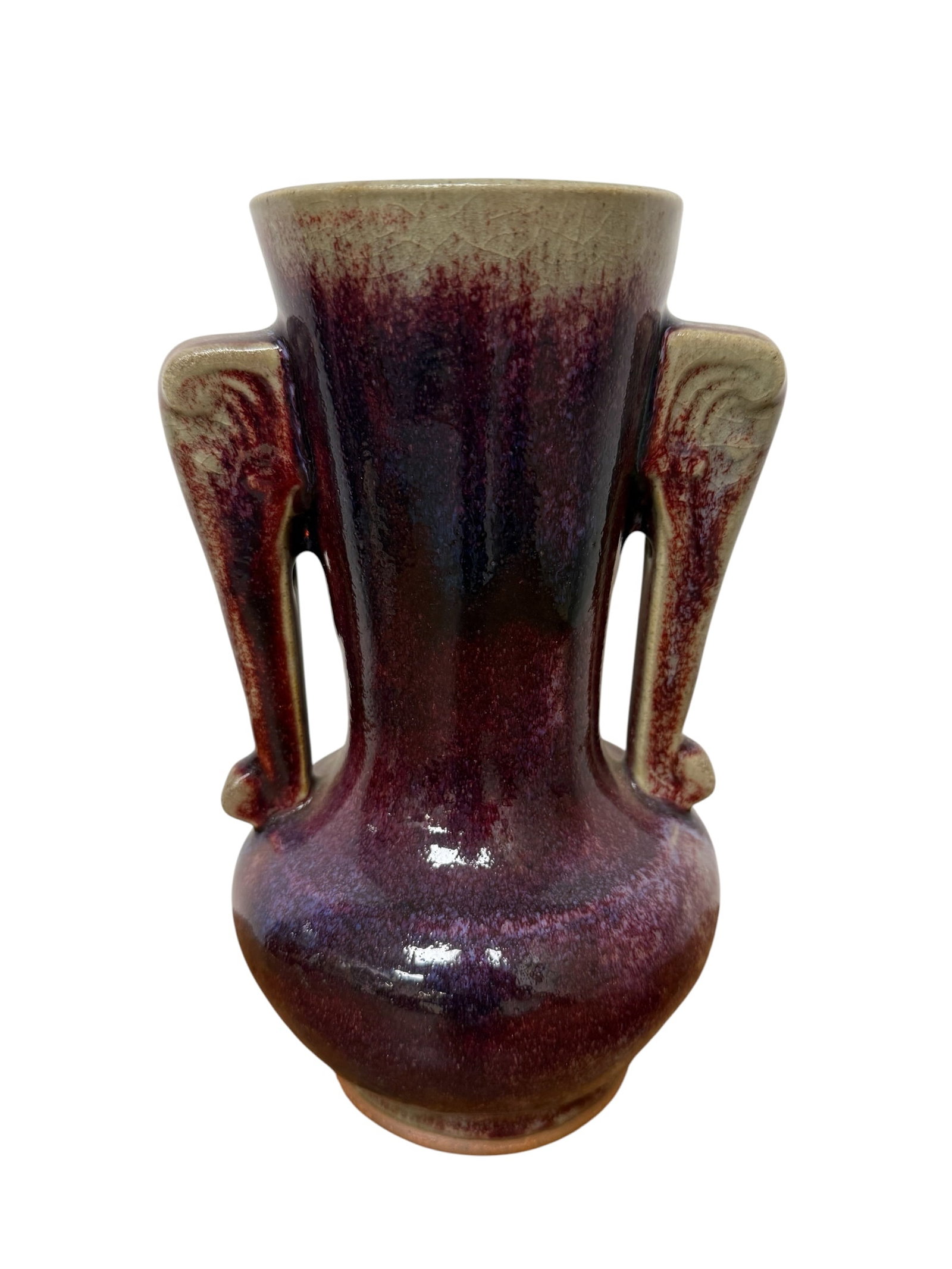 Large Chinese 20thC Oxblood Glaze Vase: From an upstate, NY estate. Large Chinese 20thC oxblood glaze vase. With elephant motif handles. Measures approx 10.5" x 6.5" x 6". Please see photos for details.