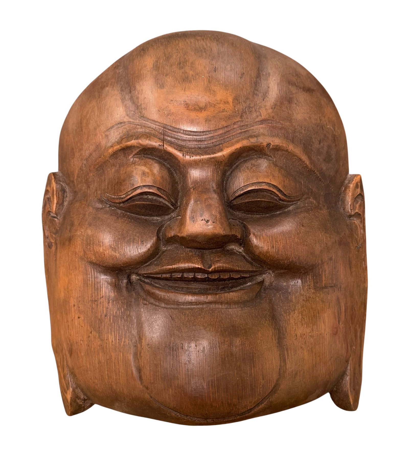 Hand Carved Wood Laughing Buddha Mask Wall Hanging (1 of 8)