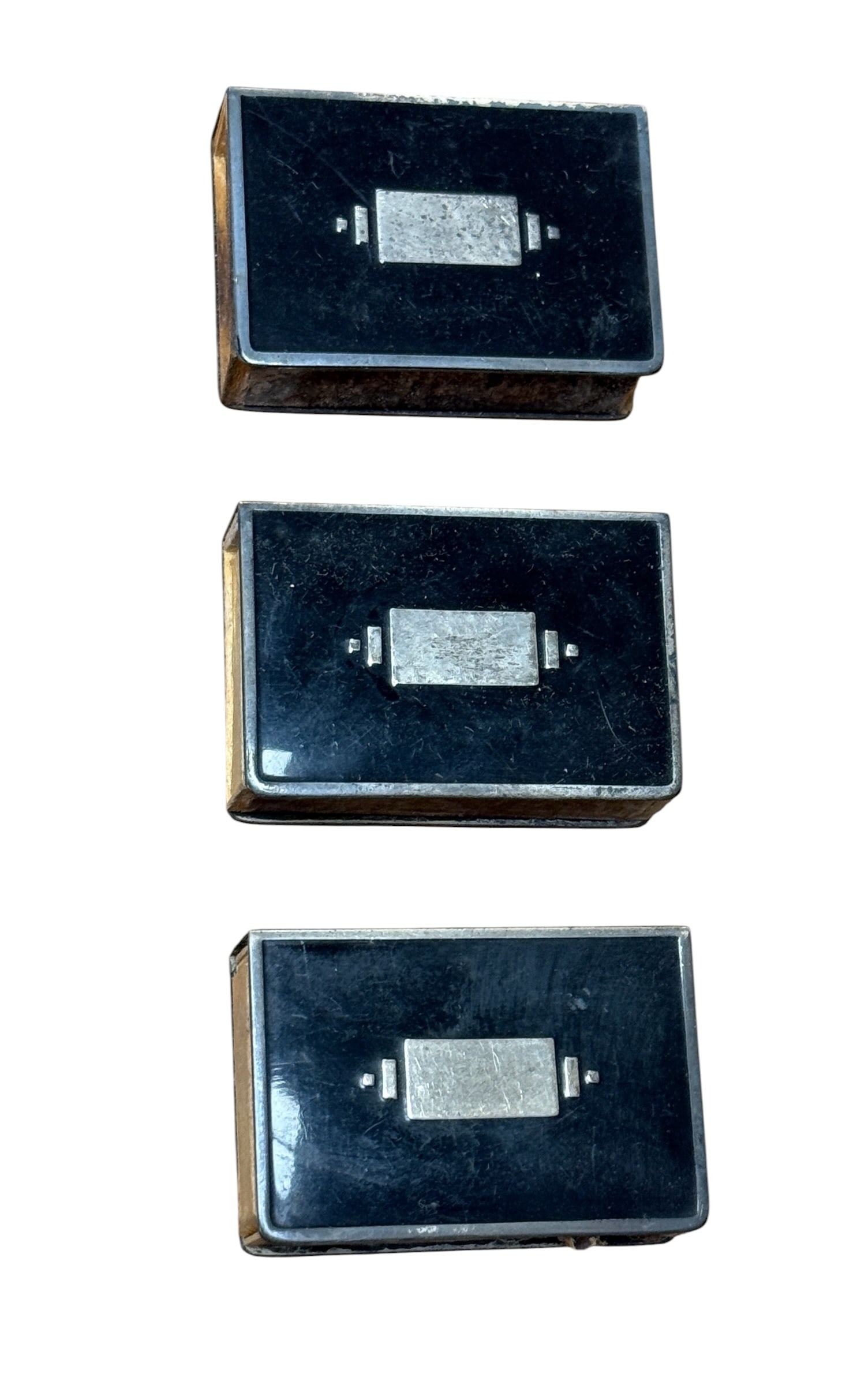 Group of Three Sterling Silver & Enamel Matchboxes Vesta Cases: From an upstate, NY estate. Group of three antique / vintage matchboxes or vesta cases of sterling silver with black enamel. Each marked Sterling and with makers mark. Please see photos for condition
