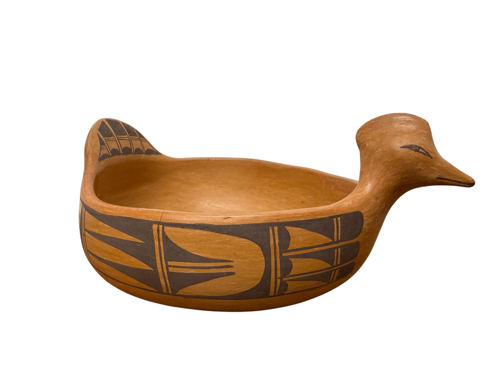 Native American Hopi Bird Pottery Bowl, Maxine Selestewa: From an upstate, NY estate. Pottery bird bowl made by Native American / Hopi artisan Maxine Selestewa. Signed. Measures approx 8" long x 5.5" wide x 3.5" at tallest. Please see photos for condition