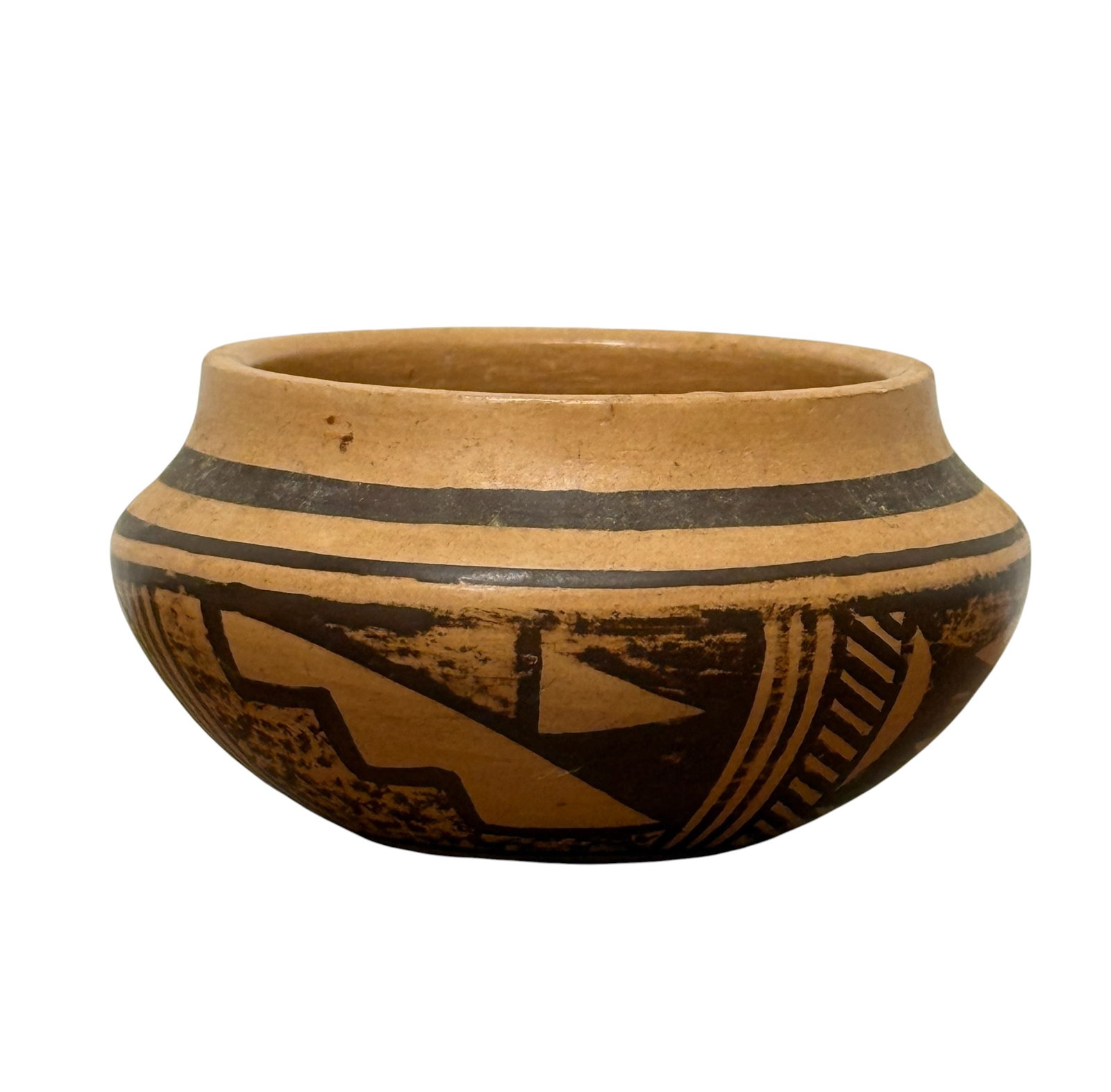 Native American Acoma Small Olla Pottery Bowl, Kayla Namoki: From an upstate, NY estate. Small bowl or olla made by Native American / Acoma artisan Kayla Namoki. Signed. Measures approx 2.75" in diameter x 1.5" tall.Shows some minor wear on design. Please see