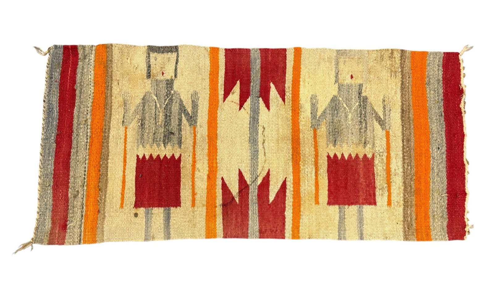 Small Native American Navajo Yei Rug Weaving: From an upstate, NY estate. Small Native American Navajo Yei pictorial weaving or rug. Measures approx 34" x 16". Needs cleaning, has significant staining / discoloration. Please see photos for