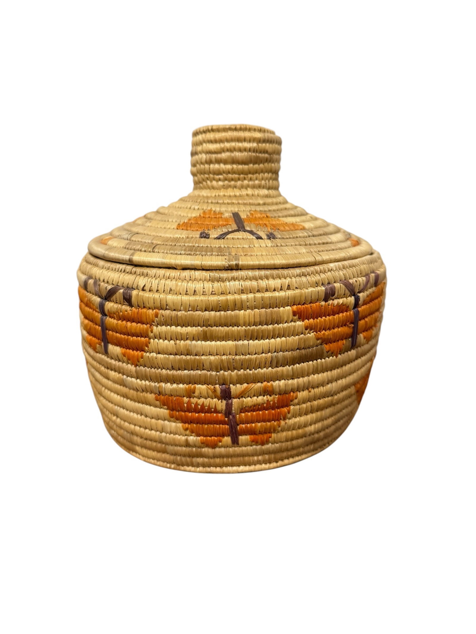 Alaskan Inuit Woven Lidded Basket Butterfly Motif Identified Artist Toksook Bay: From an upstate, NY estate. Wonderful Alaskan Inuit woven lidded coil basket with butterfly design / motif. Has tags for the Providence Hospital Auxiliary Volunteers. Also tagged as made by Suzanne