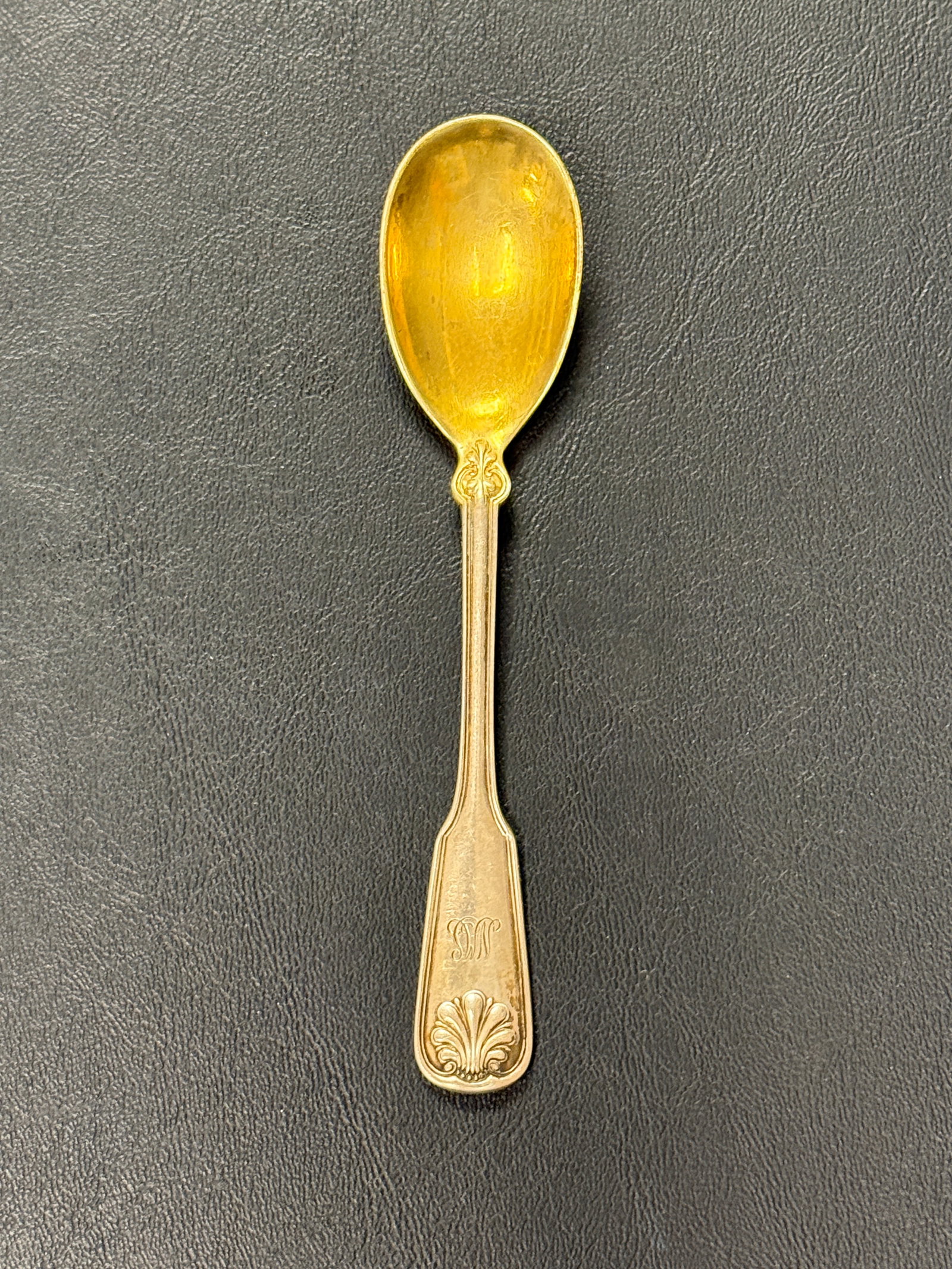 Tiffany Sterling Shell Thread Gilded Bowl Spoon 4 5/8": From an Ithaca, NY estate collection. Tiffany & Co Sterling Silver gilded bowl small spoon, in the Shell & Thread pattern (1905). Marked on back of handle. Monogrammed in script on handle. Measures