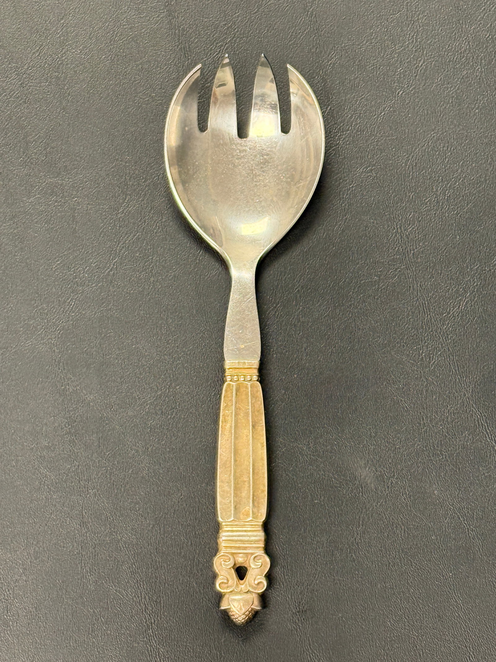 Georg Jensen Sterling Salad Serving Fork Acorn / Konge: From an Ithaca, NY estate collection. Vintage Georg Jensen Denmark Sterling Silver salad server fork in the Acorn or Konge pattern. Marked on back of handle with Sterling, and maker's mark. Measures