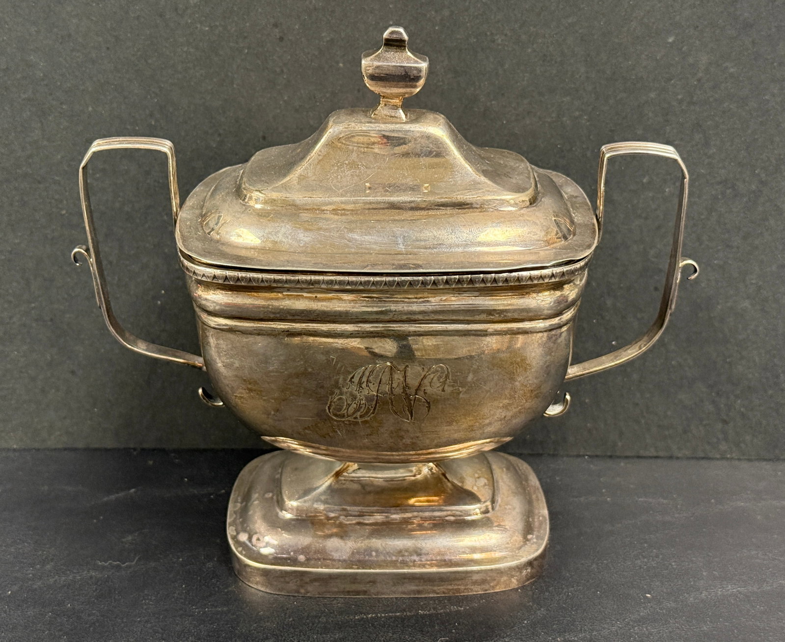 Chaudron & Rasch Hand Hammered Coin Silver Pedestal Sugar: From an upstate, NY collection. Early Philadelphia hand hammered coin silver covered pedestal sugar bowl by Chaudron & Rasch c.1810s-20s. Monogrammed in script. Measures approx 7.5" tall to top of