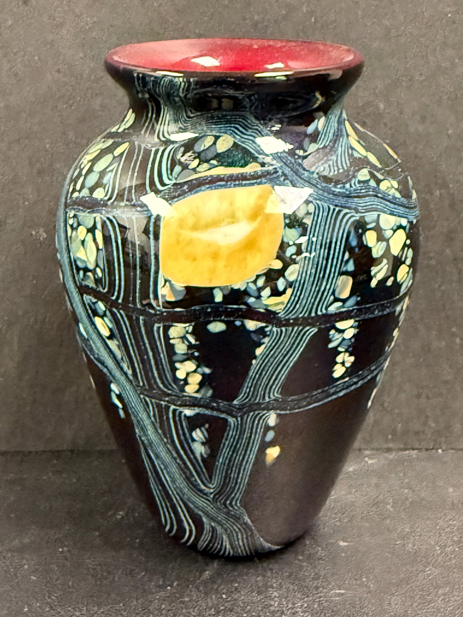 Richard Satava Art Glass Harvest Moon Vase: From an upstate, NY collection. Rare, signed Richard Satava art glass studio vase, in the Harvest Moon motif. Measures approx 4.75" tall x 3.5" at widest. Please see photos for condition details.