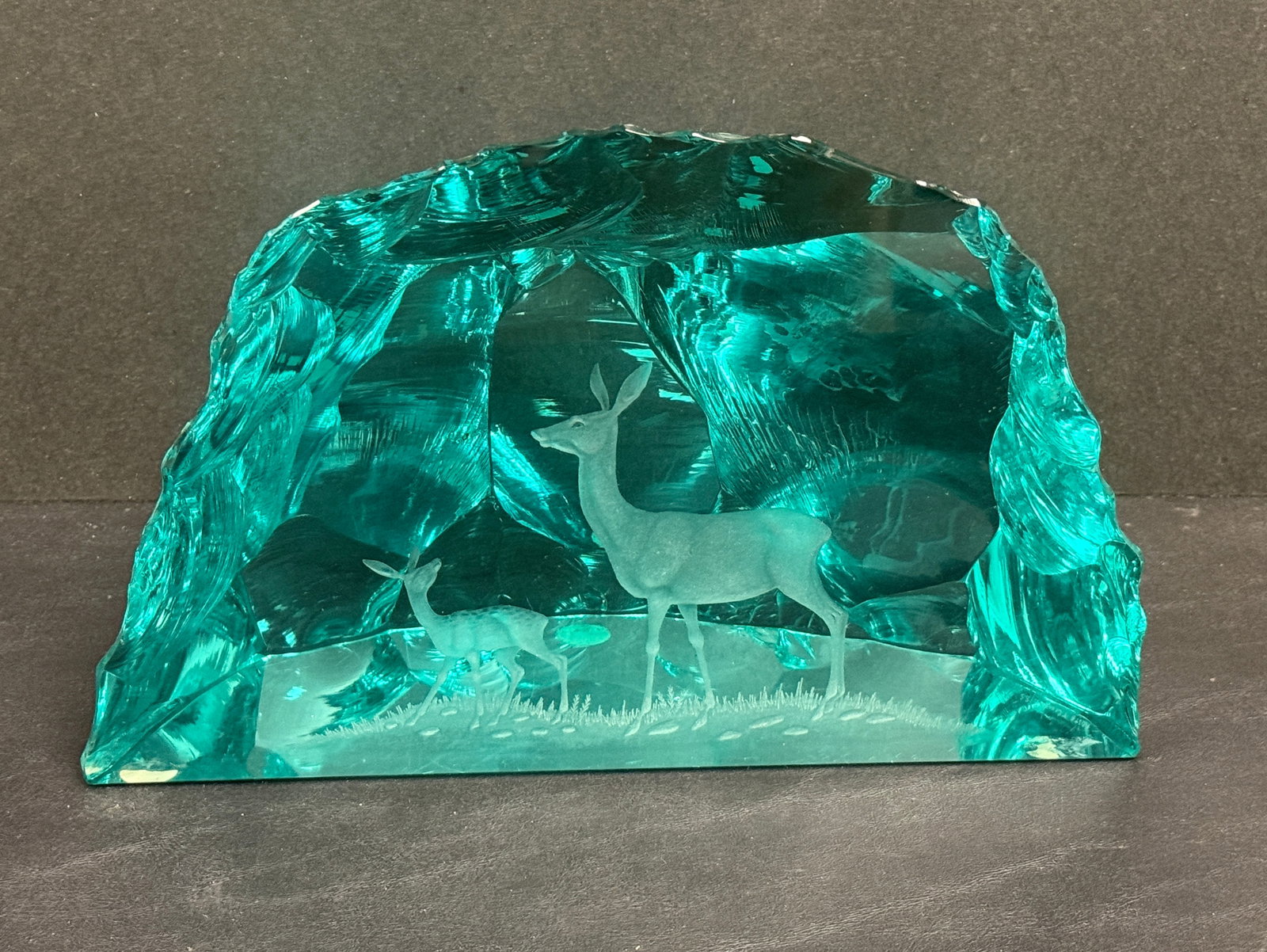 Tage Cronqvist For Kosta Iceberg Glass Sculpture: From an upstate, NY estate. Signed Tage Cronqvist art glass Iceberg Sculpture, for Kosta. Deer etched on surface. Measures approx 7" tall x 10.75" wide x 4.25" deep. Please see photos for details.