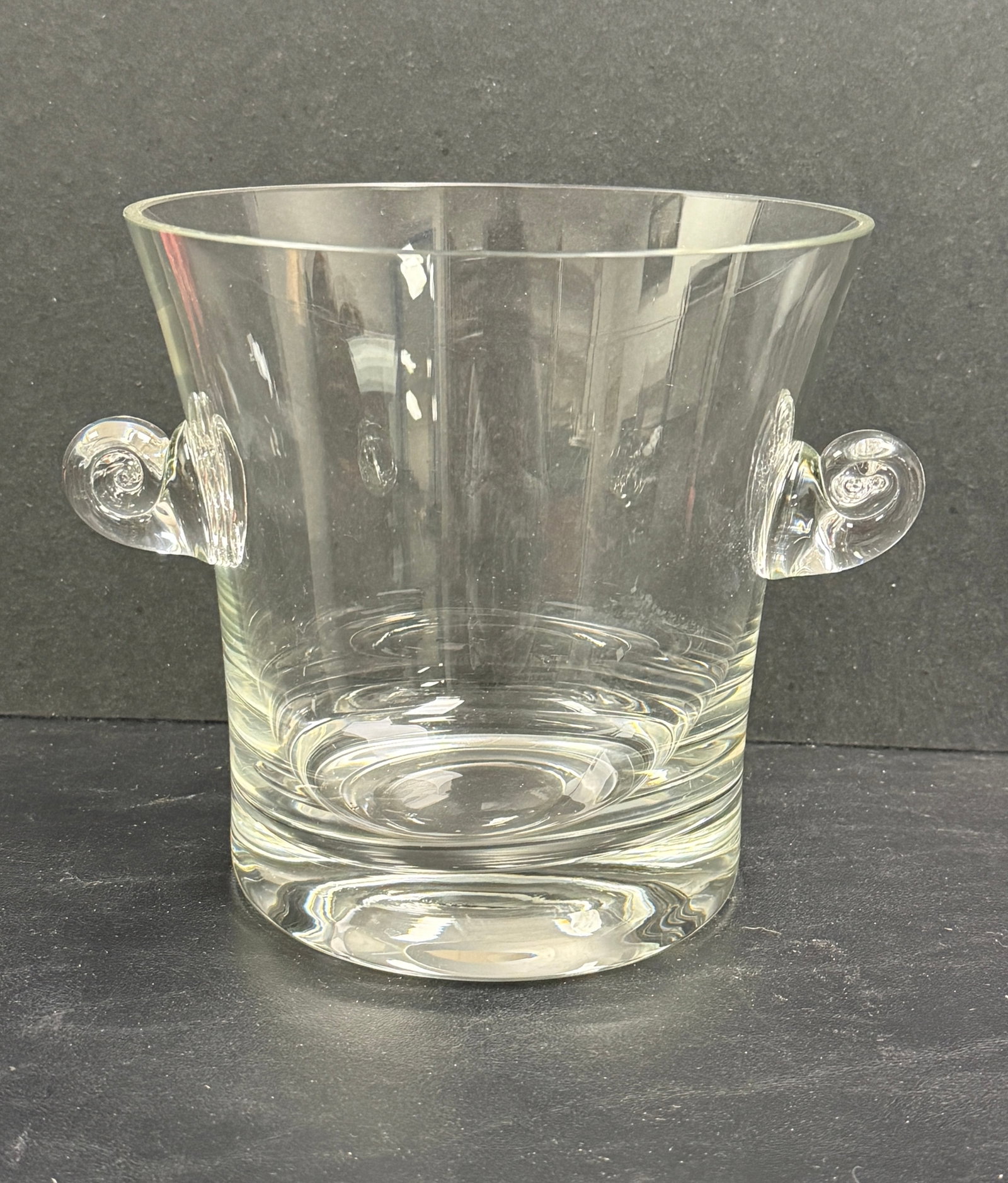 Tiffany & Co Scroll Handled Crystal Ice Bucket: From an upstate, NY estate. Tiffany & Co scroll handled crystal ice bucket. Excellent condition. Measures approx 6.25" tall x 7.5" at widest. Please see photos for details.