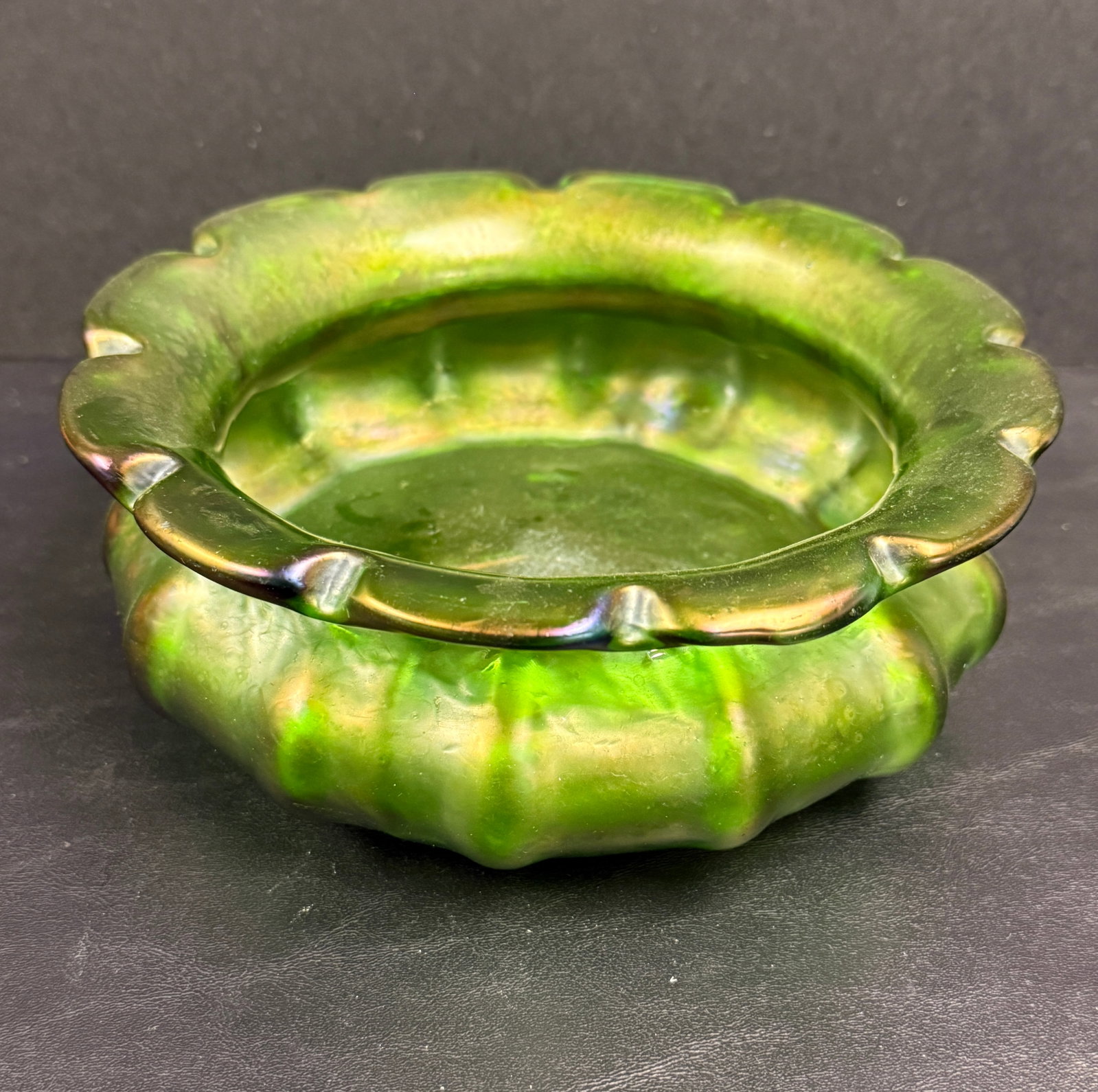 Art Nouveau Art Glass Loetz Czech Aurene Low Bowl Vase: From an upstate, NY estate. Beautiful Art Nouveau Loetz Czech art glass green iridescent / aurene low bowl Measures approx 3" tall x 7.75" in diameter. Please see photos for details.