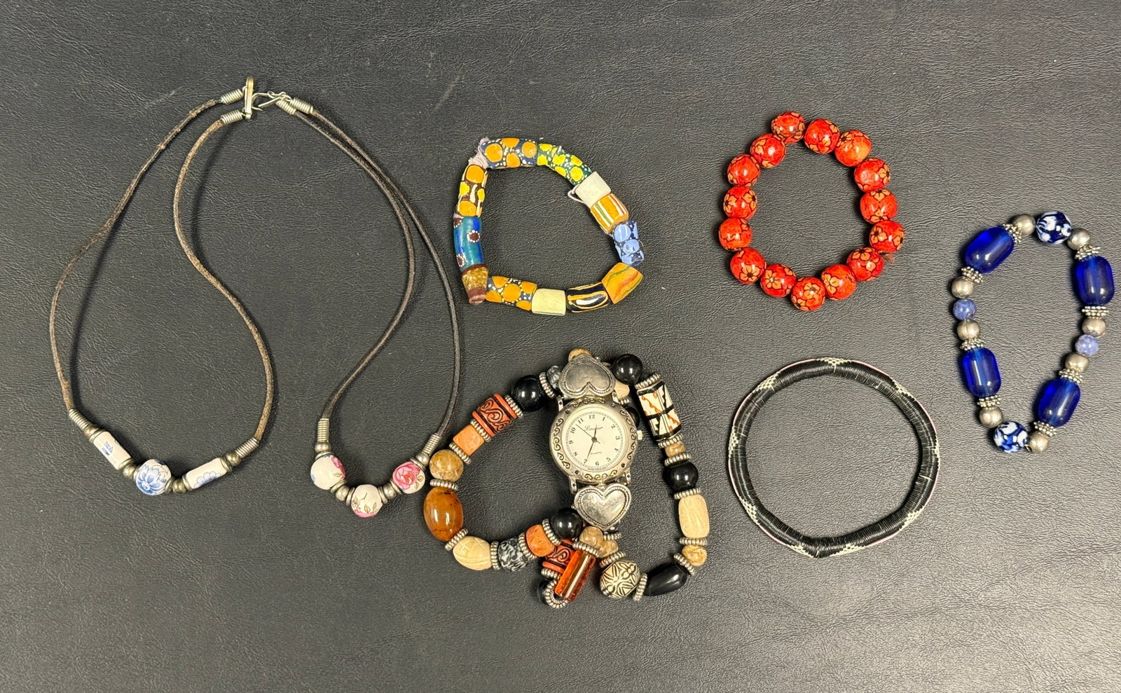 Group of 7 Vintage Beads Necklaces & Bracelets: From an upstate, NY estate. Vintage group of seven bracelets and necklaces, including some African trade beads, etc. Please see photos for details.