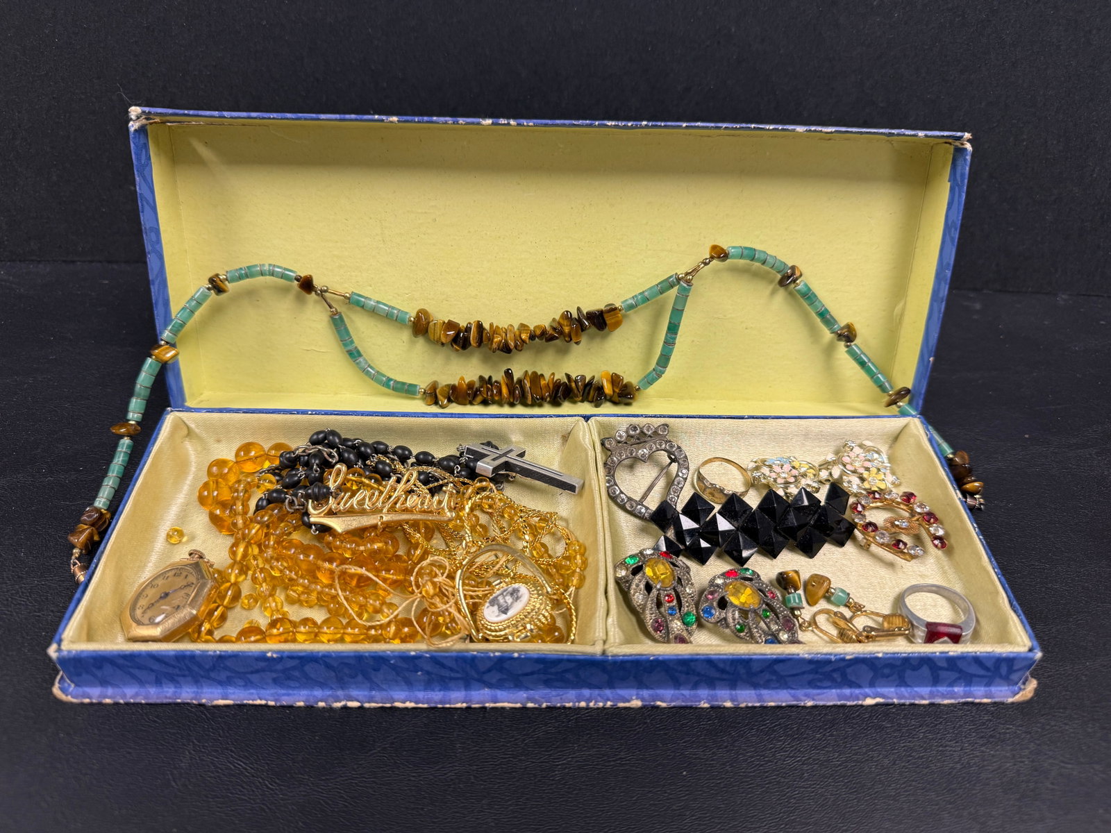 Large Lot Vintage Jewelry GF Watch Turquoise Beads Rhinestones: From an upstate, NY estate. Vintage group of various jewelry pieces including a gold-filled charm watch (works, will need adjustment), pair of clip earrings, rosary, turquoise & tiger eye necklace