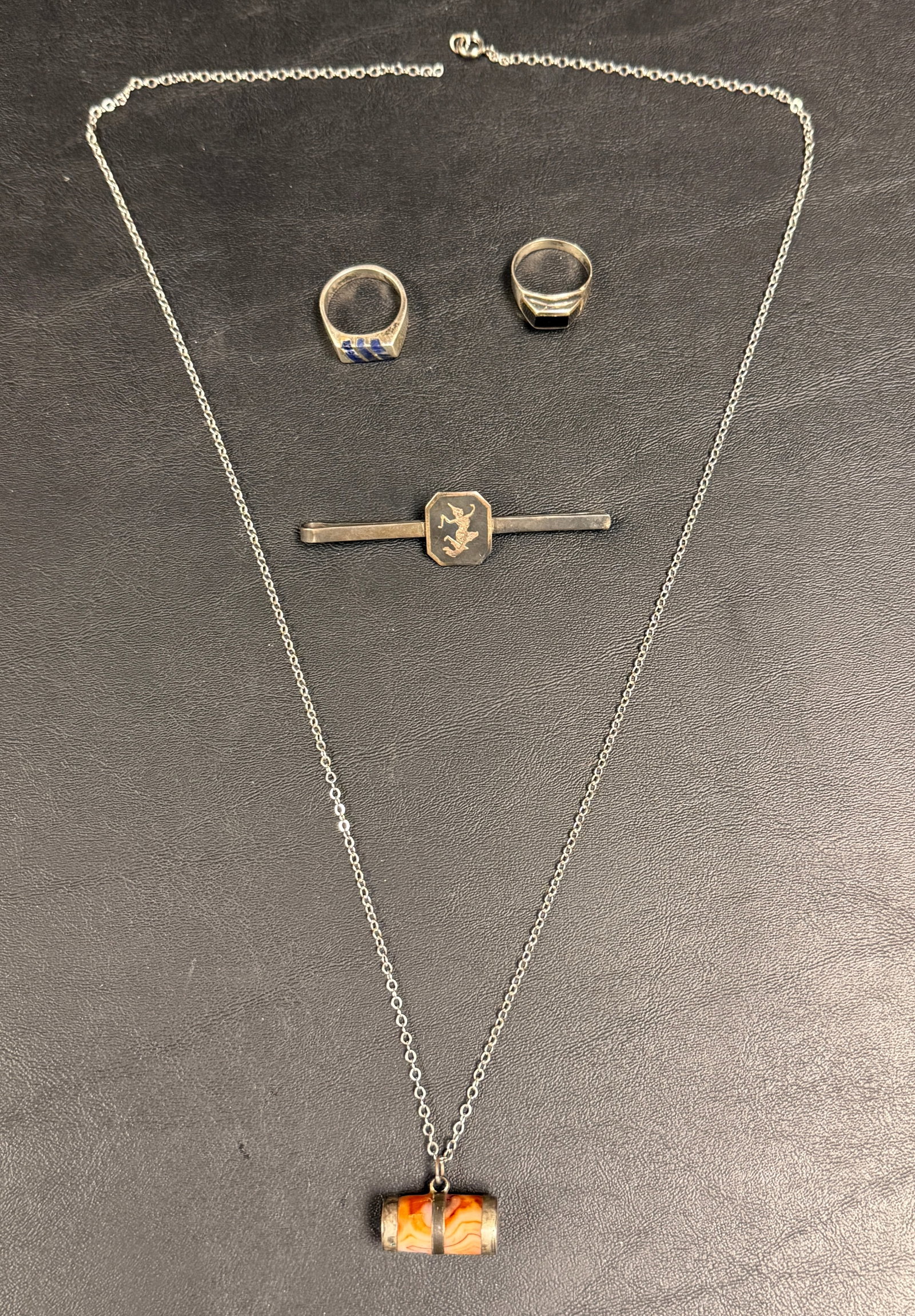 Group of Vintage Sterling Silver Jewelry Rings +: From an upstate, NY estate. Vintage group of four sterling silver jewelry pieces, including agate charm (chain is NOT sterling), two rings with inset semi-precious stones, and a Thai dancer tie bar.