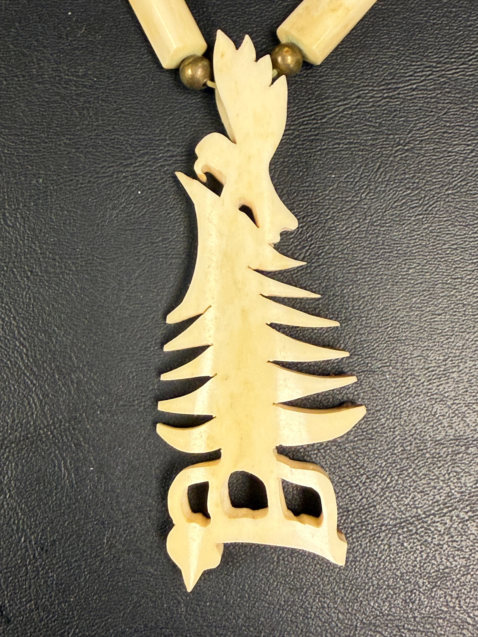 Native American Leather / Carved Bone Eagle Tree Necklace - 2