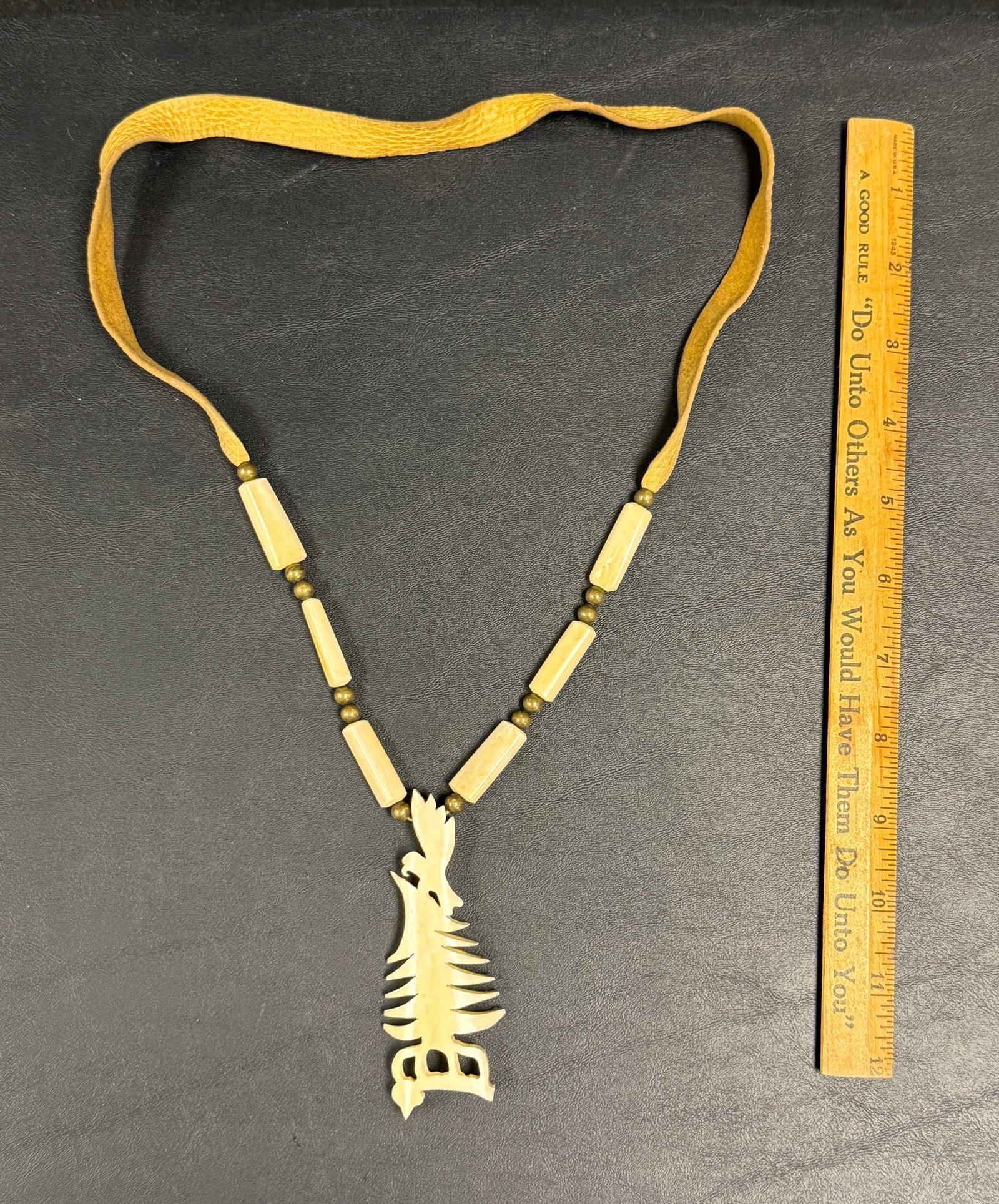 Native American Leather / Carved Bone Eagle Tree Necklace - 5