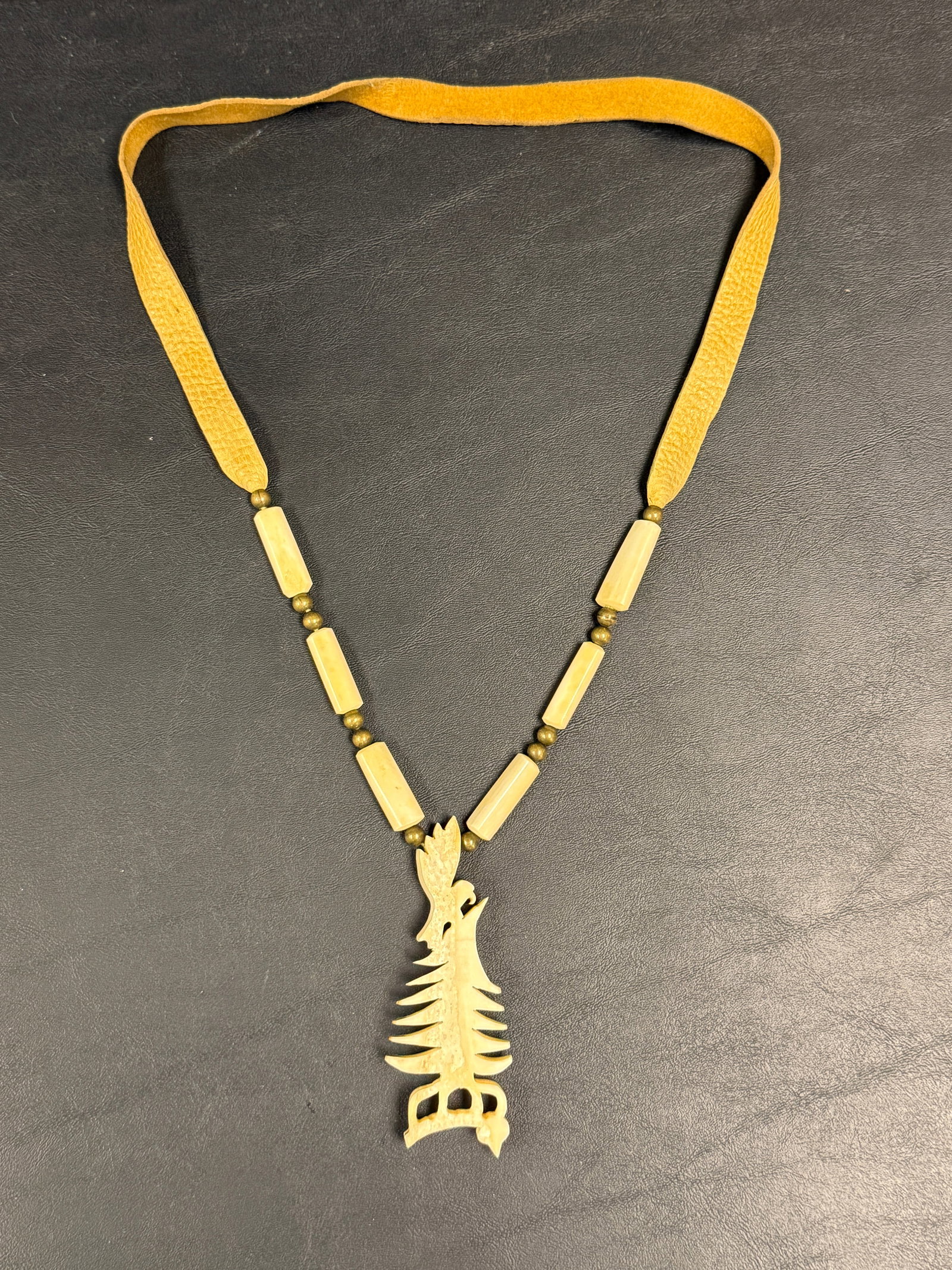 Native American Leather / Carved Bone Eagle Tree Necklace - 6