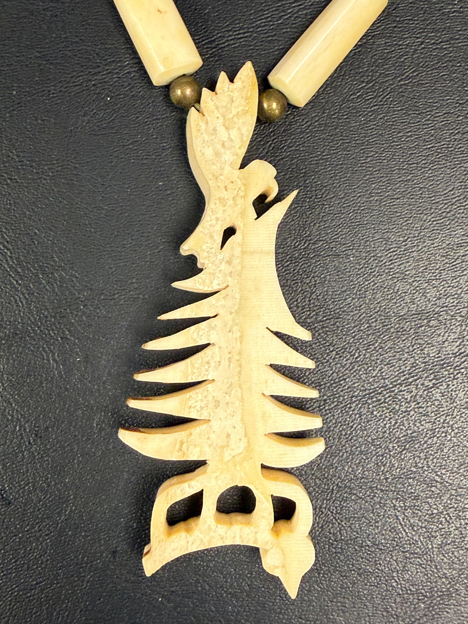 Native American Leather / Carved Bone Eagle Tree Necklace - 7