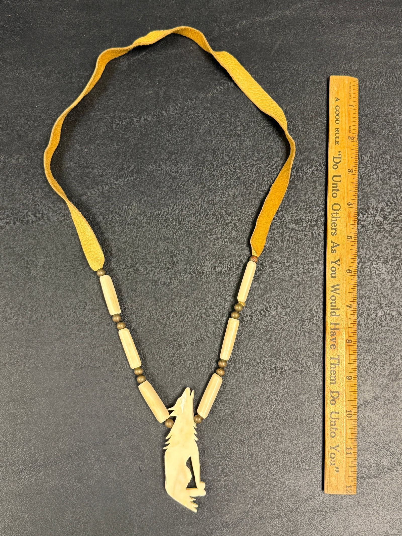 Native American Leather / Carved Bone Wolf Necklace - 2