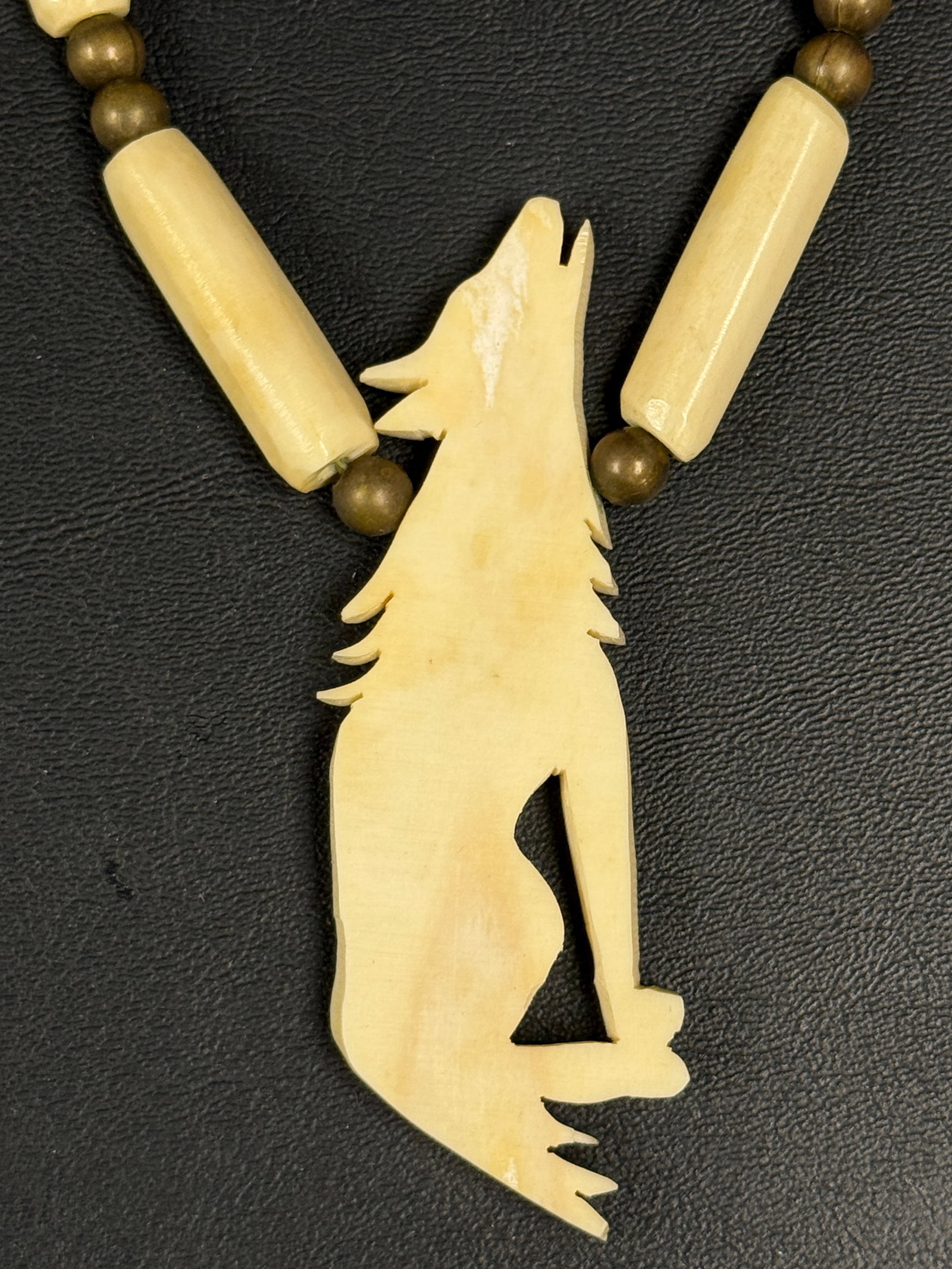 Native American Leather / Carved Bone Wolf Necklace - 3