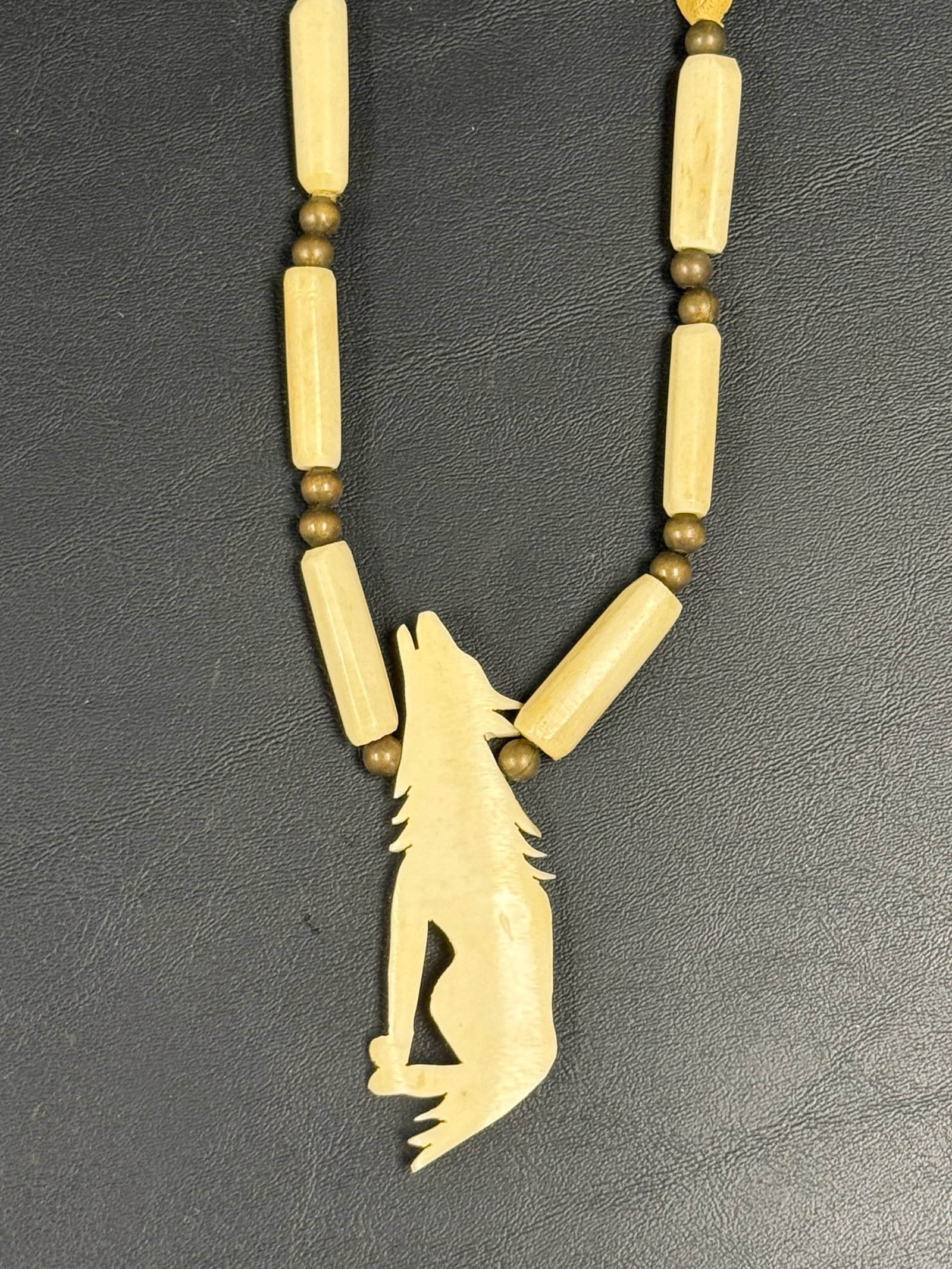 Native American Leather / Carved Bone Wolf Necklace - 6