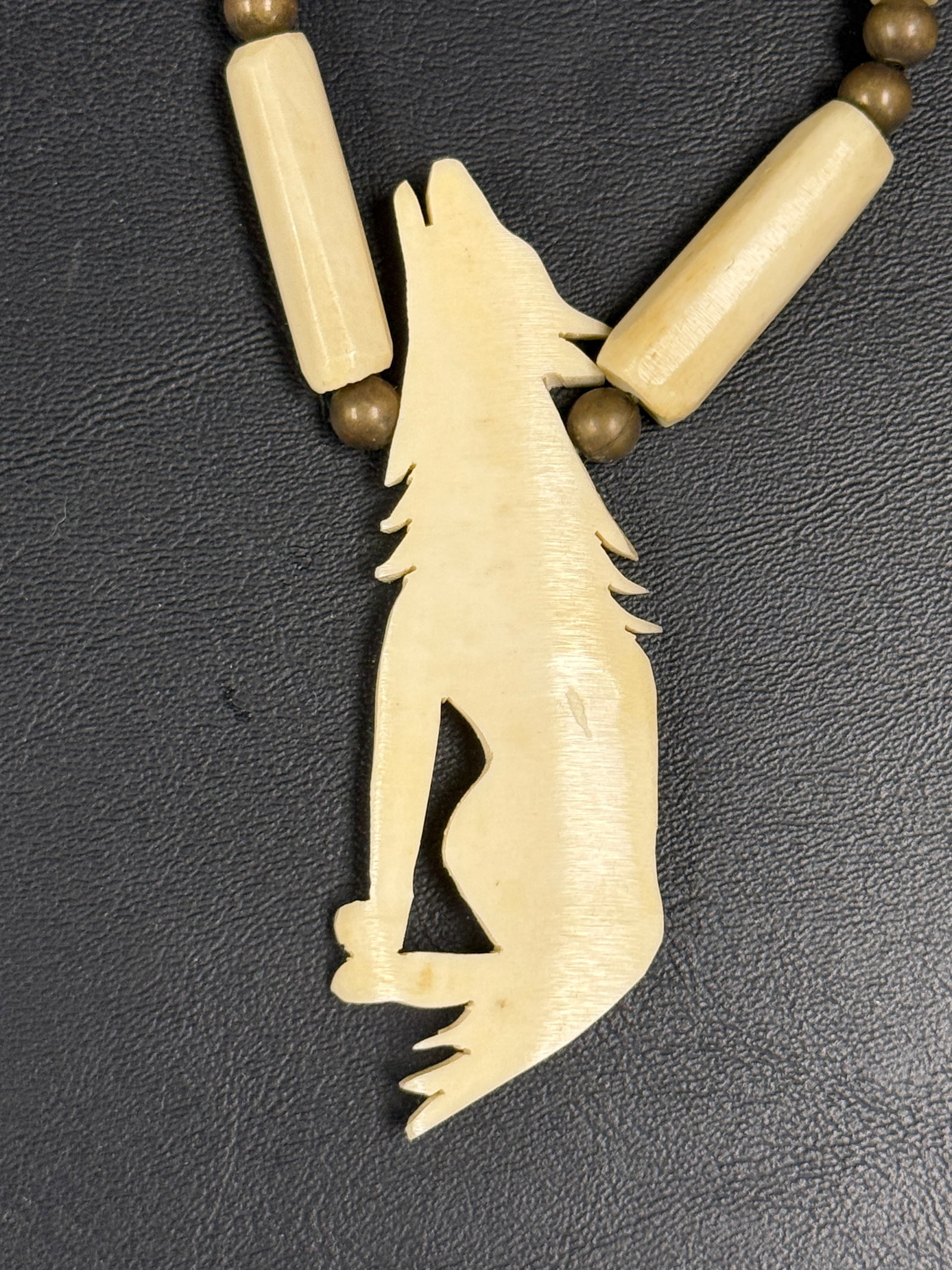 Native American Leather / Carved Bone Wolf Necklace - 7