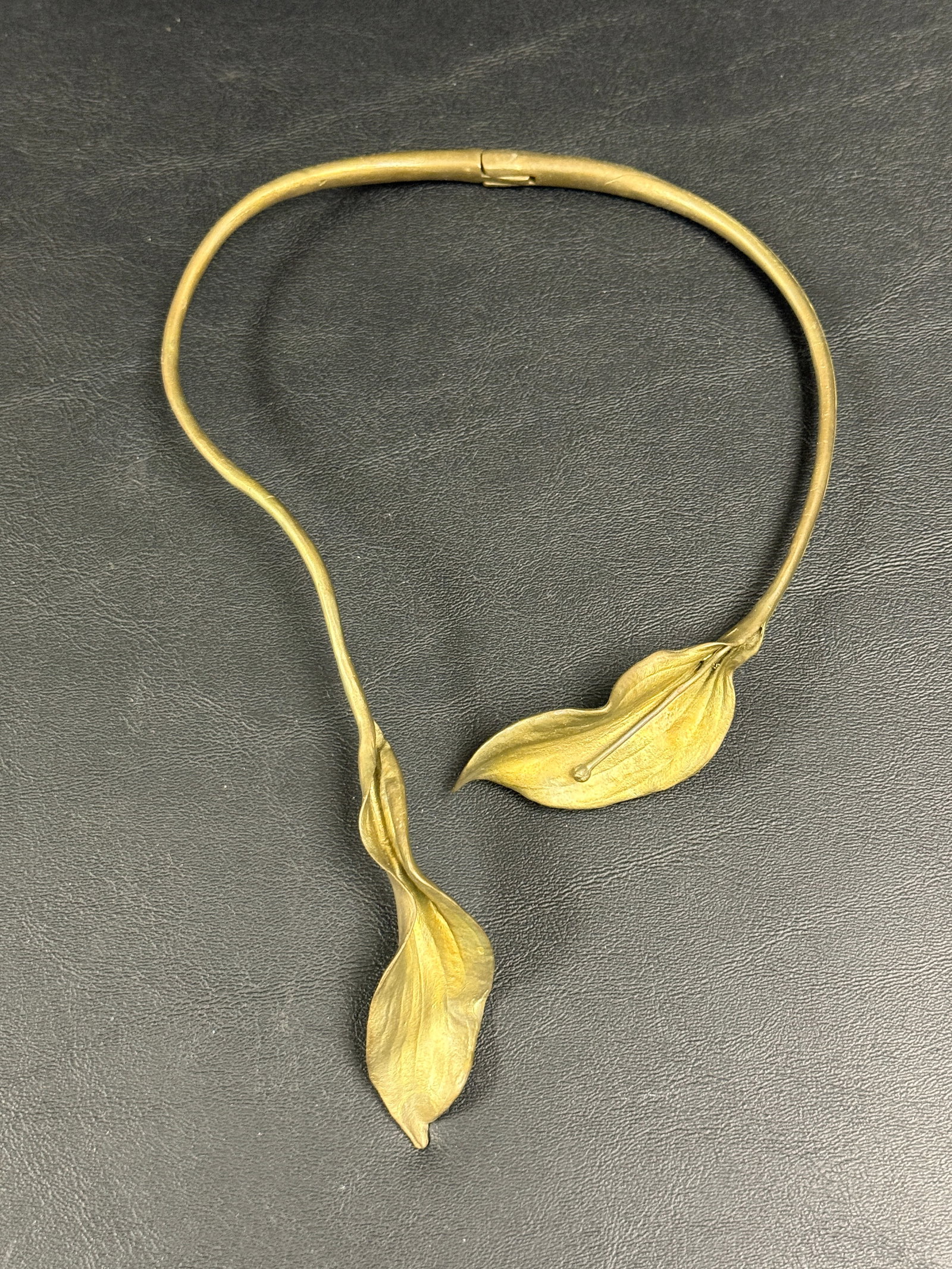 Calla Lilly Gilt Bronze Choker Collar Necklace: From an upstate, NY estate. Vintage gold tone calla lily choker / collar necklace. Marked, maker unknown. Very much in the style of Michael Michaud. Please see photos for condition details.