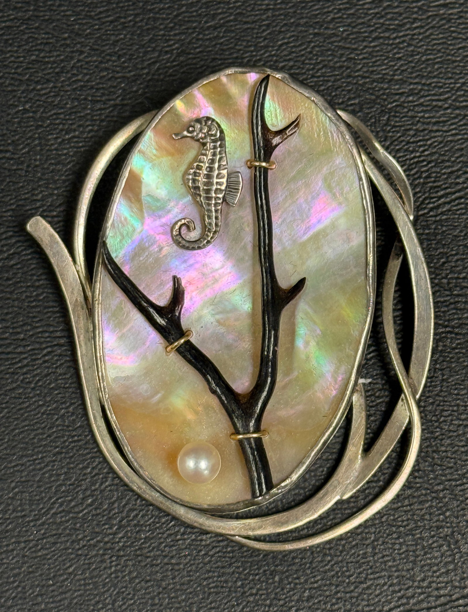Native Artisan Sterling Silver Pin Brooch Pearl Black Coral (1 of 7)