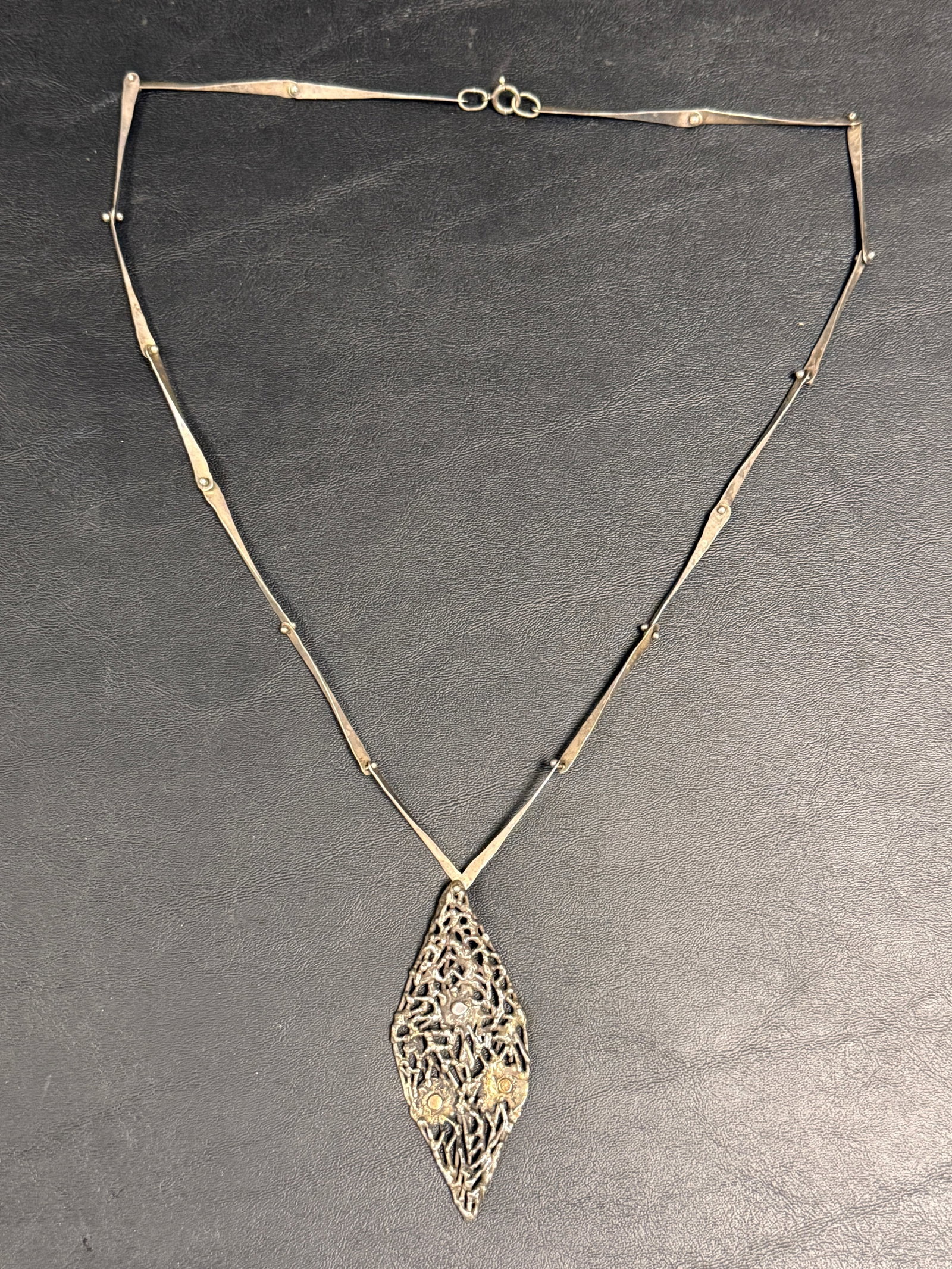 Vintage Artisan Sterling Silver Brutalist Necklace: From an upstate, NY estate. Vintage artisan brutalist sterling silver necklace with forged chain. Tested, unmarked. Weighs approx 41 grams. Please see photos for details.